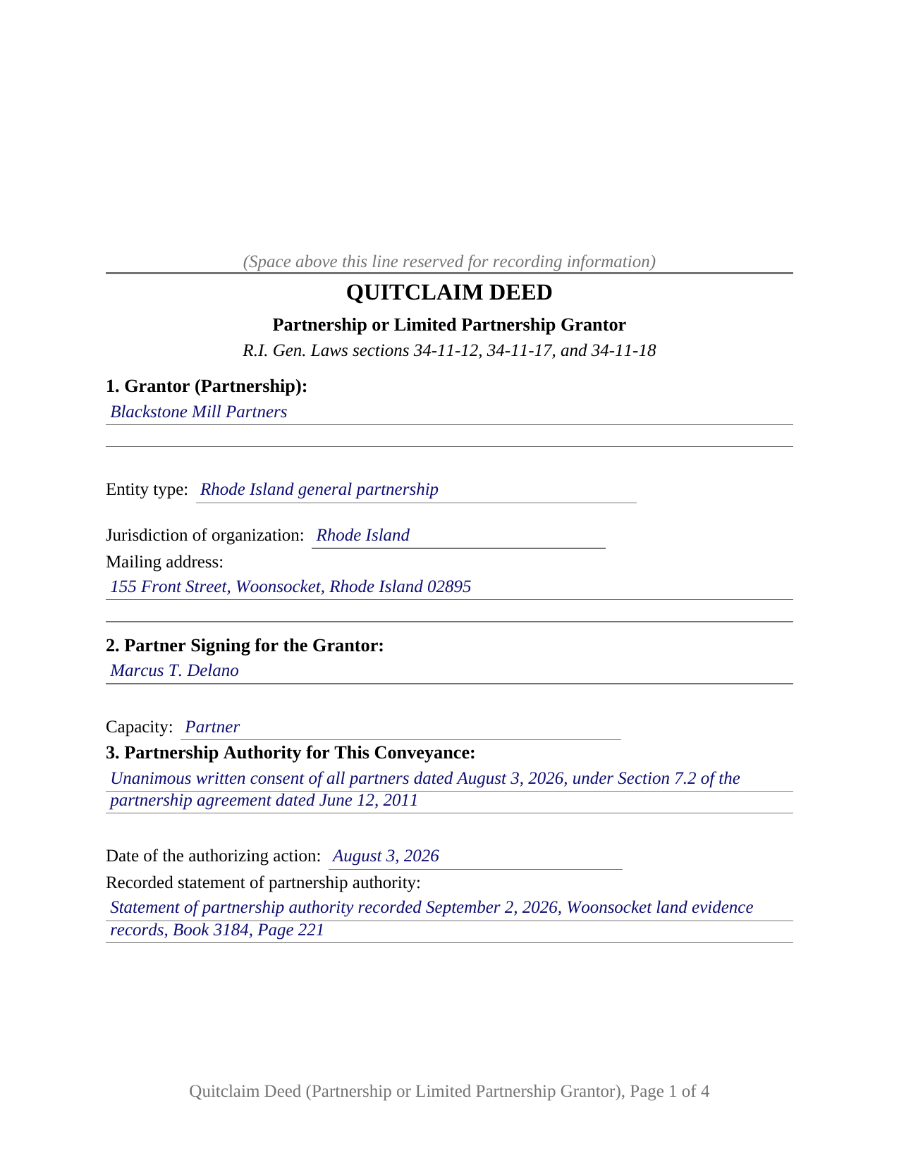 Kent County Completed Example of the Quitclaim Deed (Partnership or Limited Partnership Grantor) Document