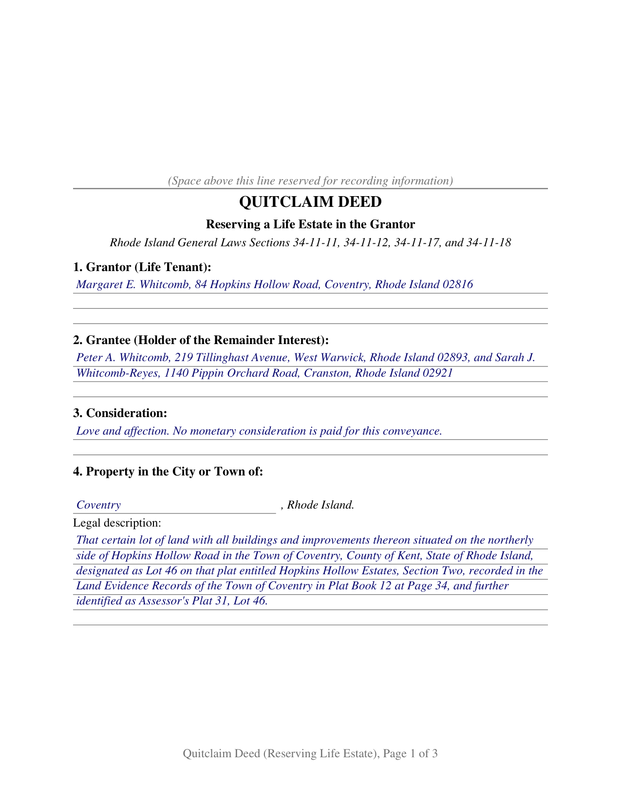Providence County Completed Example of the Quitclaim Deed (Reserving Life Estate) Document