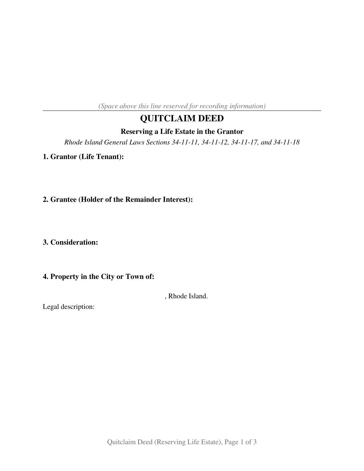Providence County Quitclaim Deed (Reserving Life Estate) Form