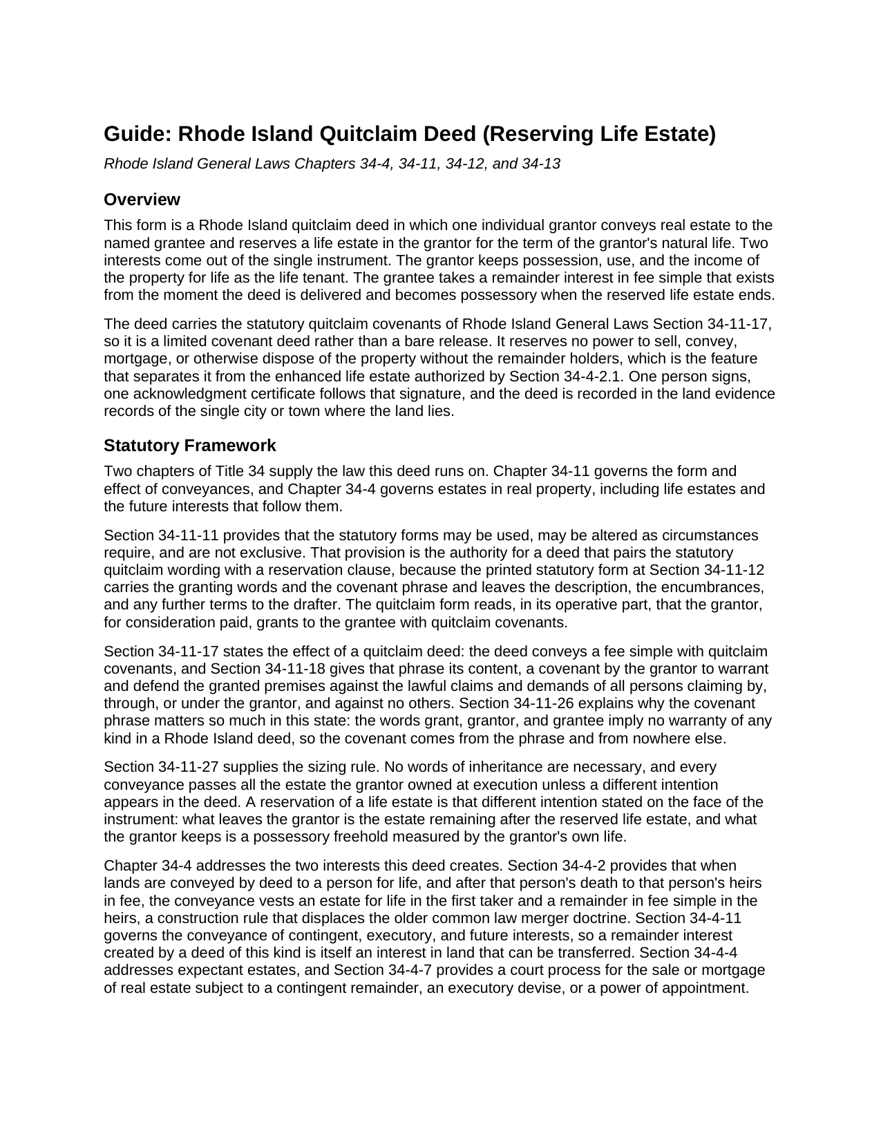Providence County Quitclaim Deed (Reserving Life Estate) Guide