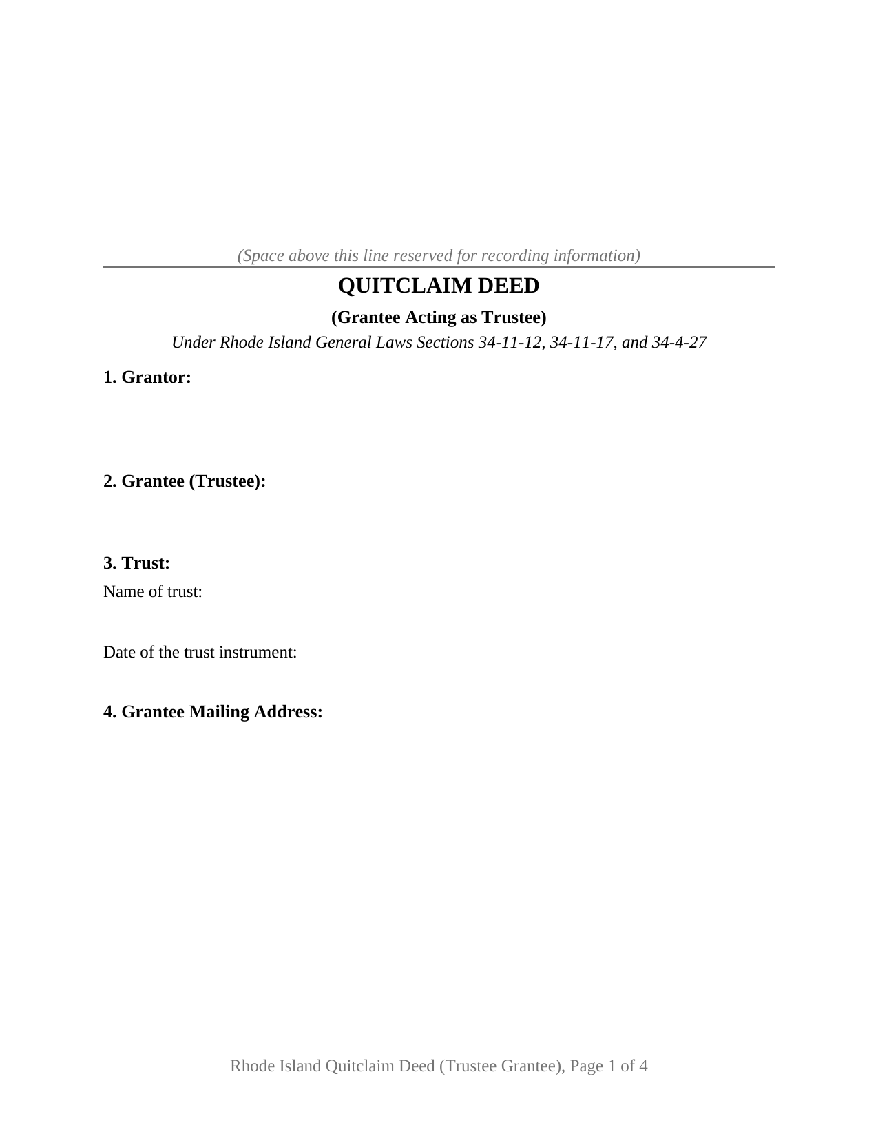 Providence County Quitclaim Deed (Trustee Grantee) Form