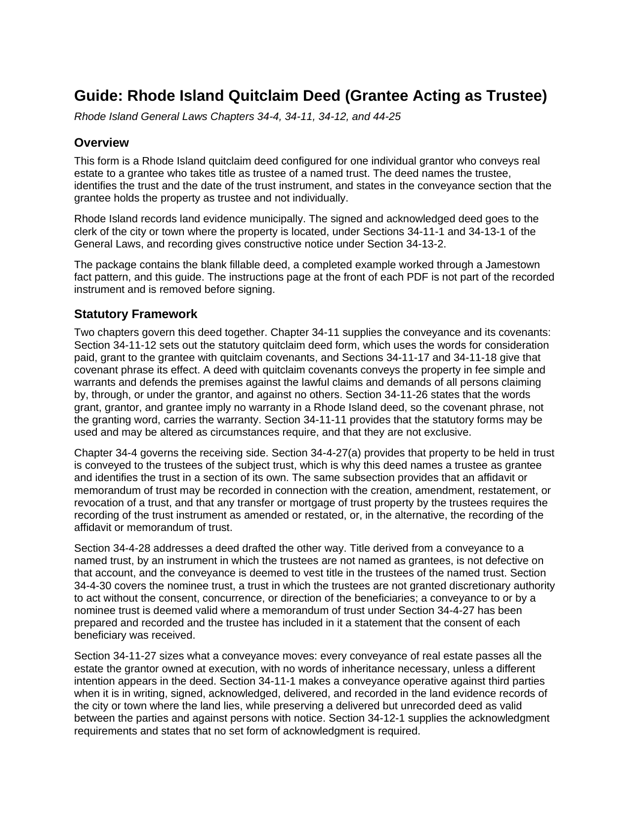 Providence County Quitclaim Deed (Trustee Grantee) Guide