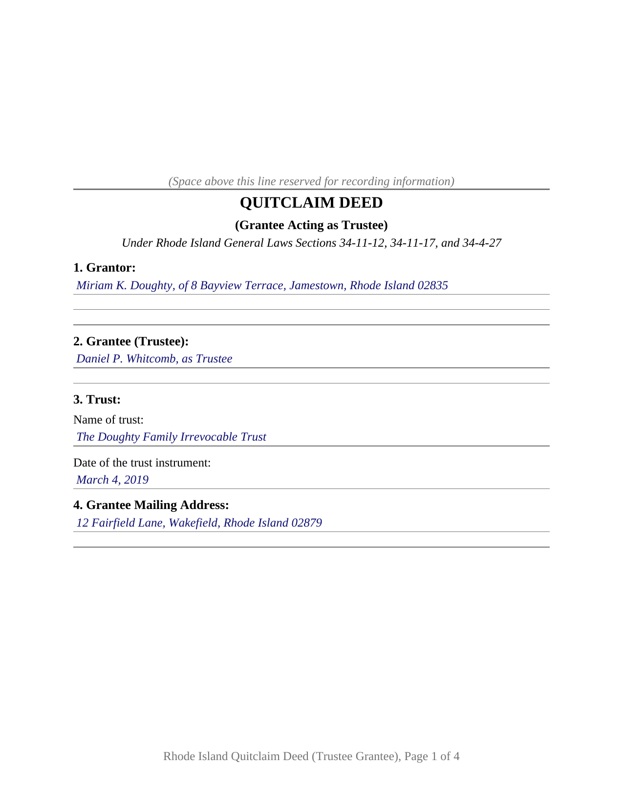 Providence County Completed Example of the Quitclaim Deed (Trustee Grantee) Document