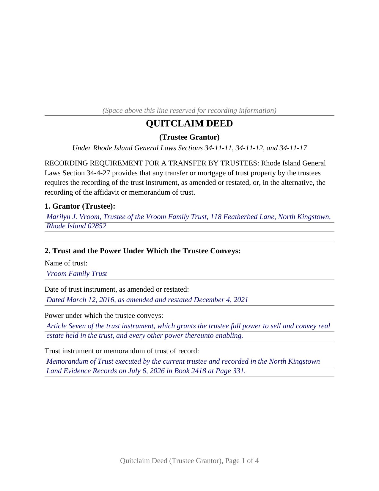 Newport County Completed Example of the Quitclaim Deed (Trustee Grantor) Document