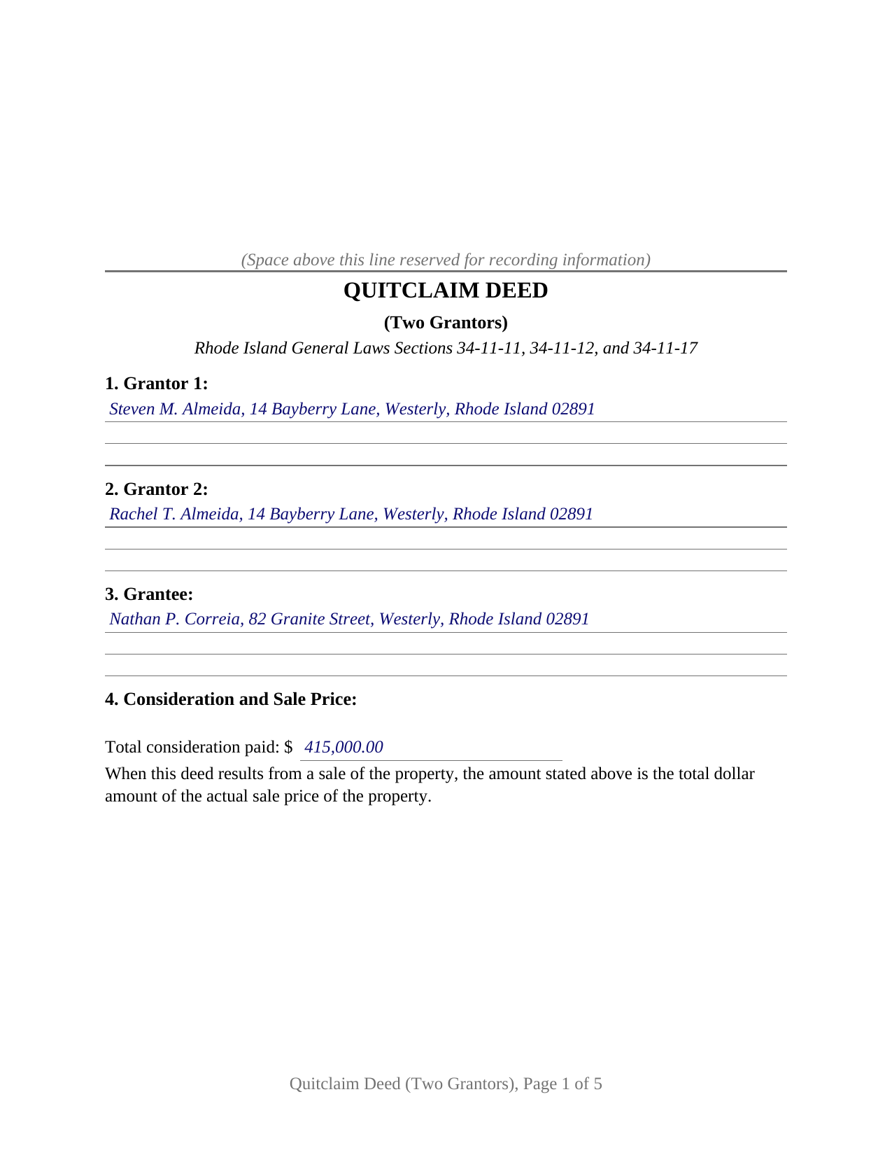 Kent County Completed Example of the Quitclaim Deed (Two Grantors) Document