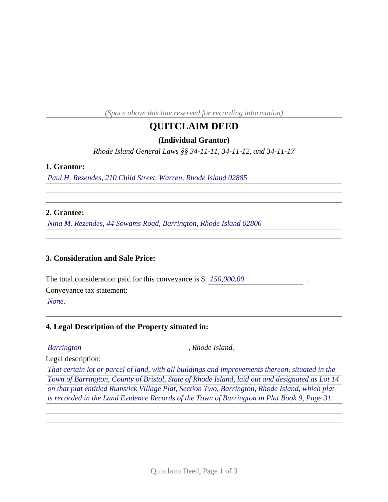 Newport County Completed Example of the Quitclaim Deed Document