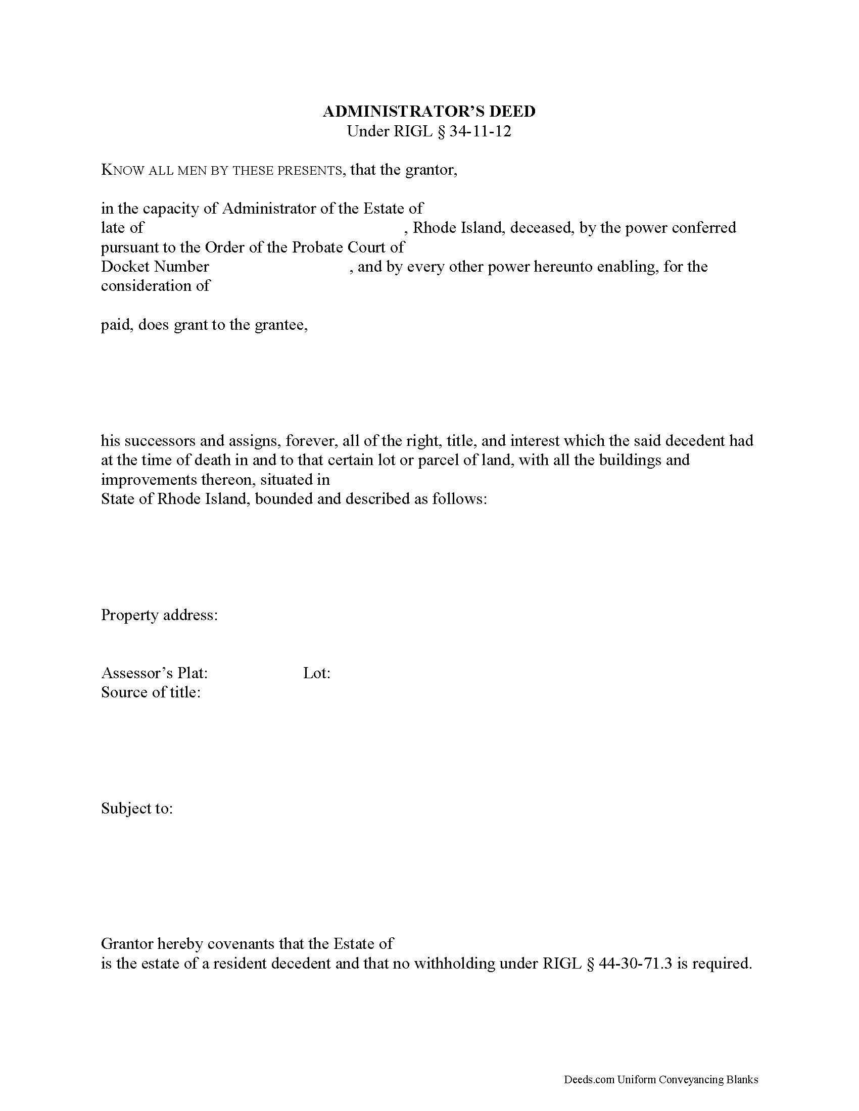 Rhode Island Administrator Deed Image