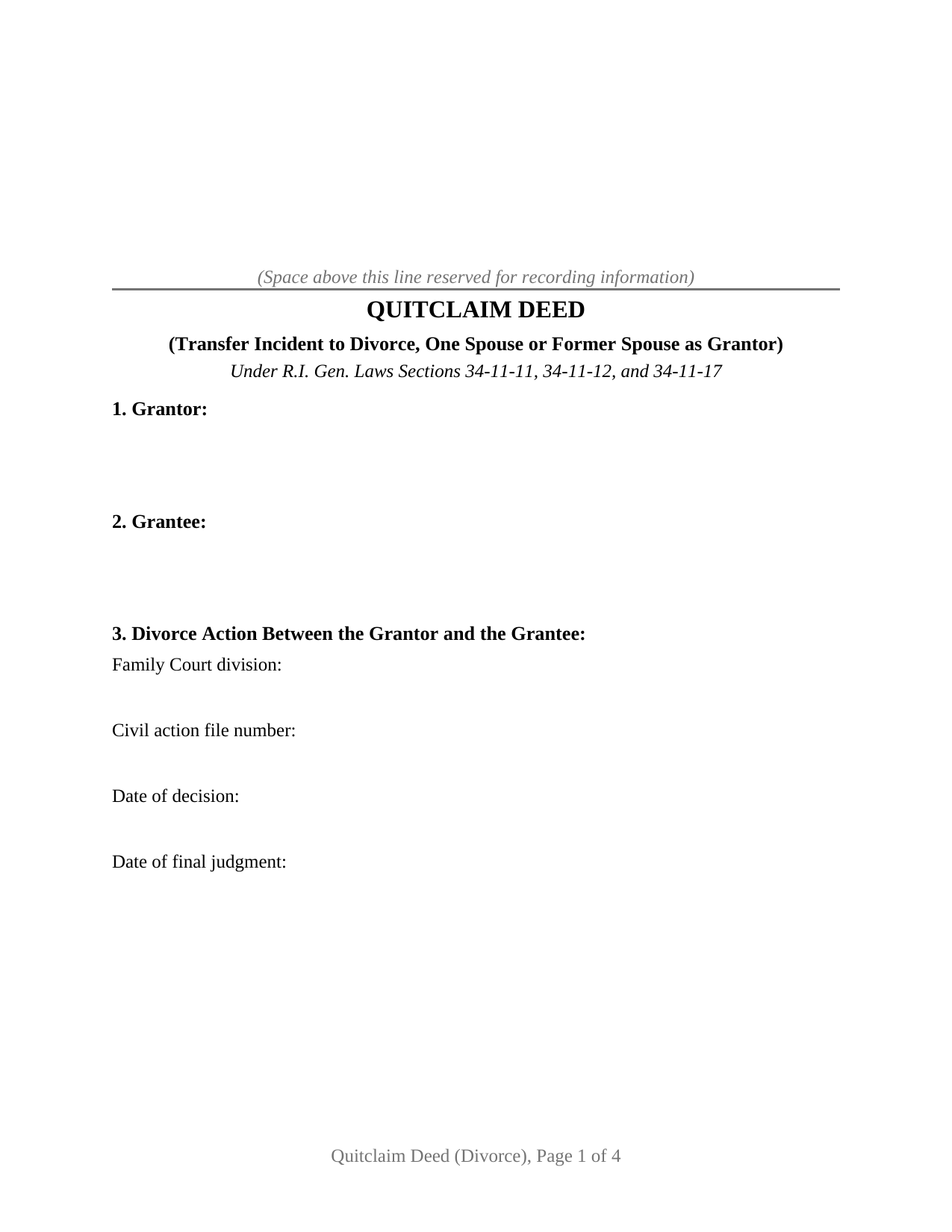 Rhode Island Quitclaim Deed (Divorce)