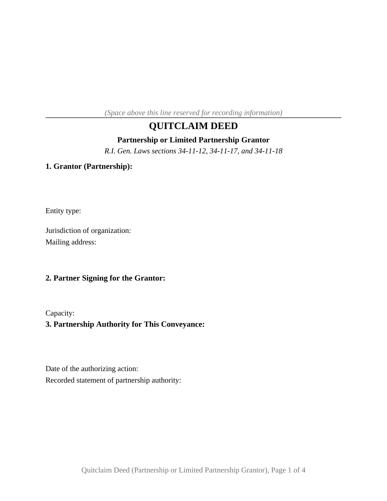 Rhode Island Quitclaim Deed (Partnership or Limited Partnership Grantor)
