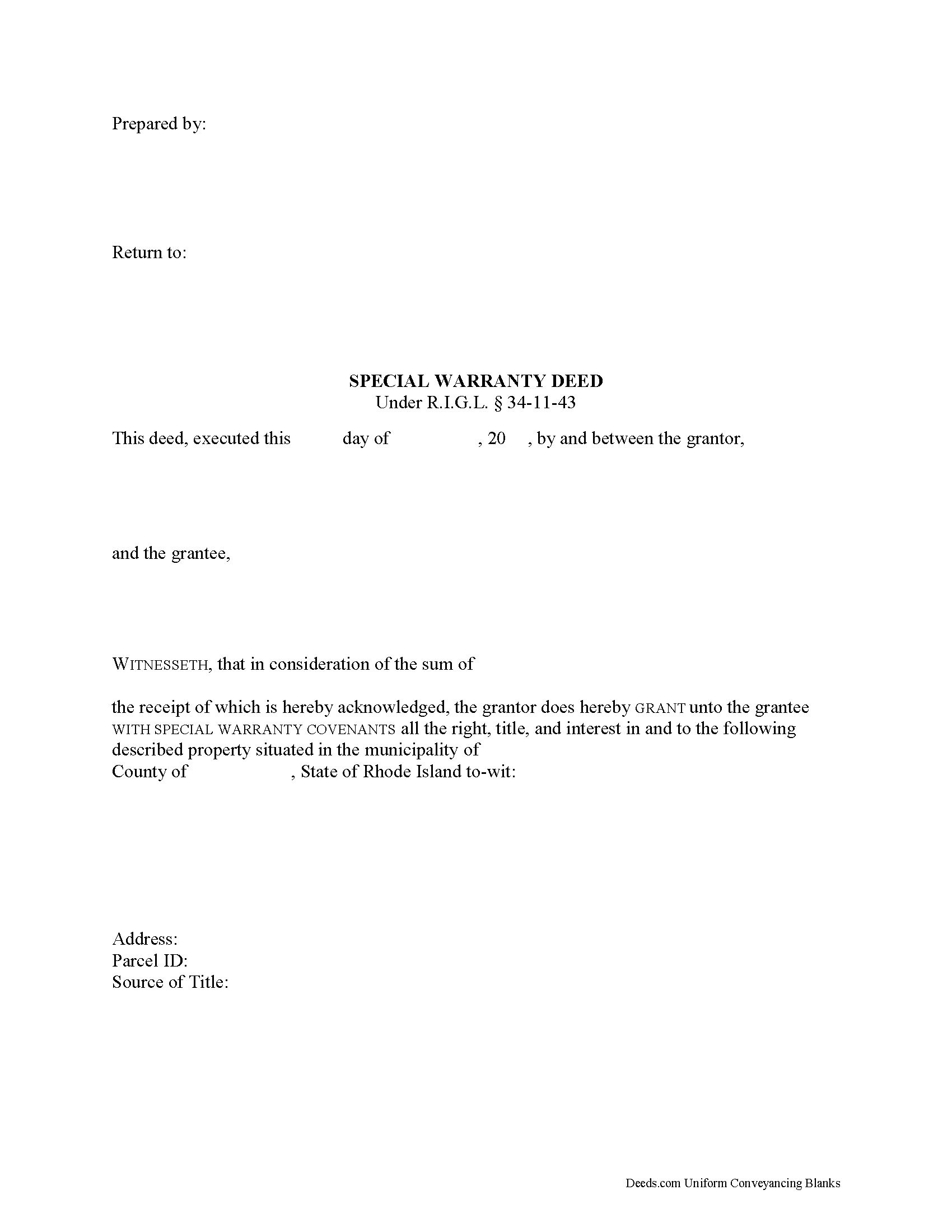 Rhode Island Special Warranty Deed Image