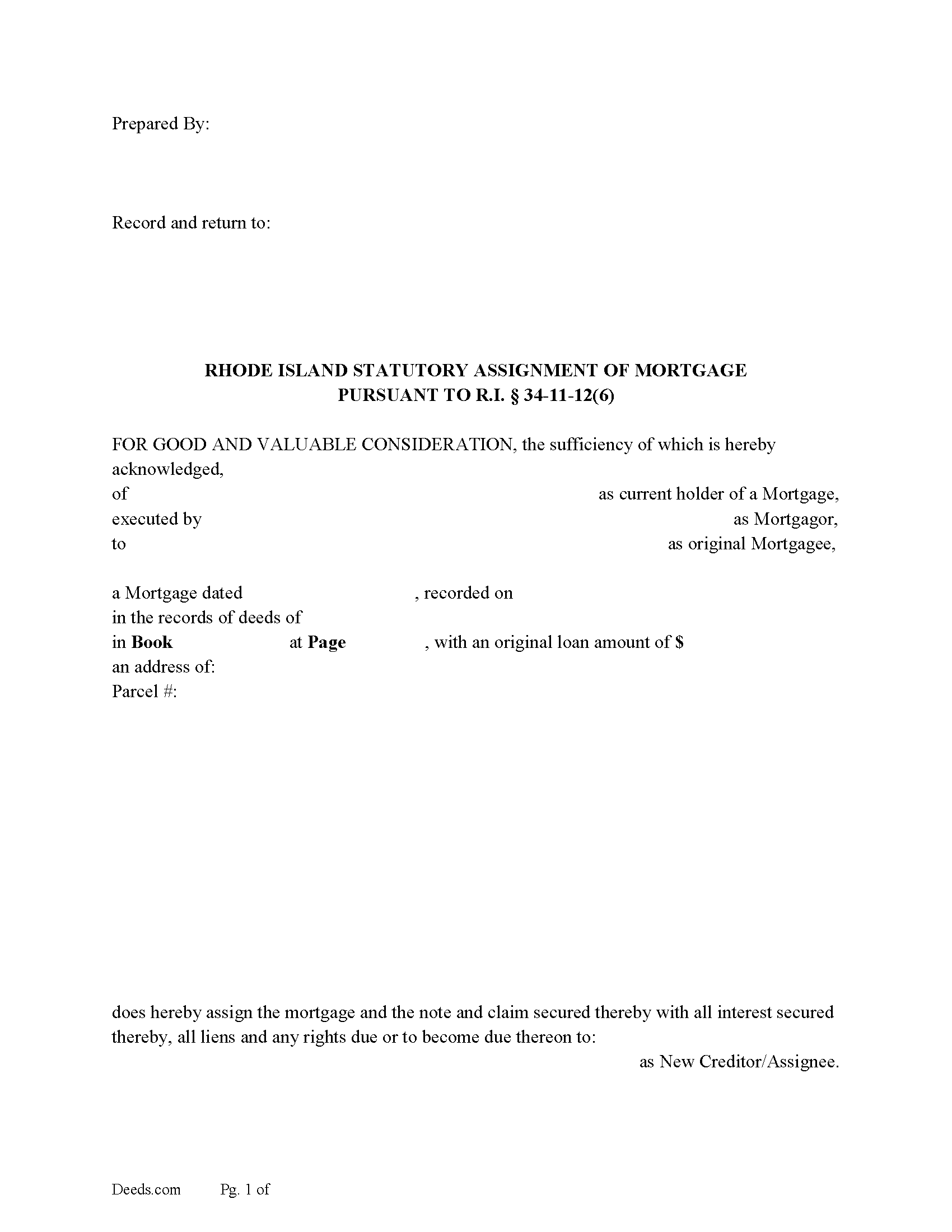 Rhode Island Statutory Assignment of Mortgage Image