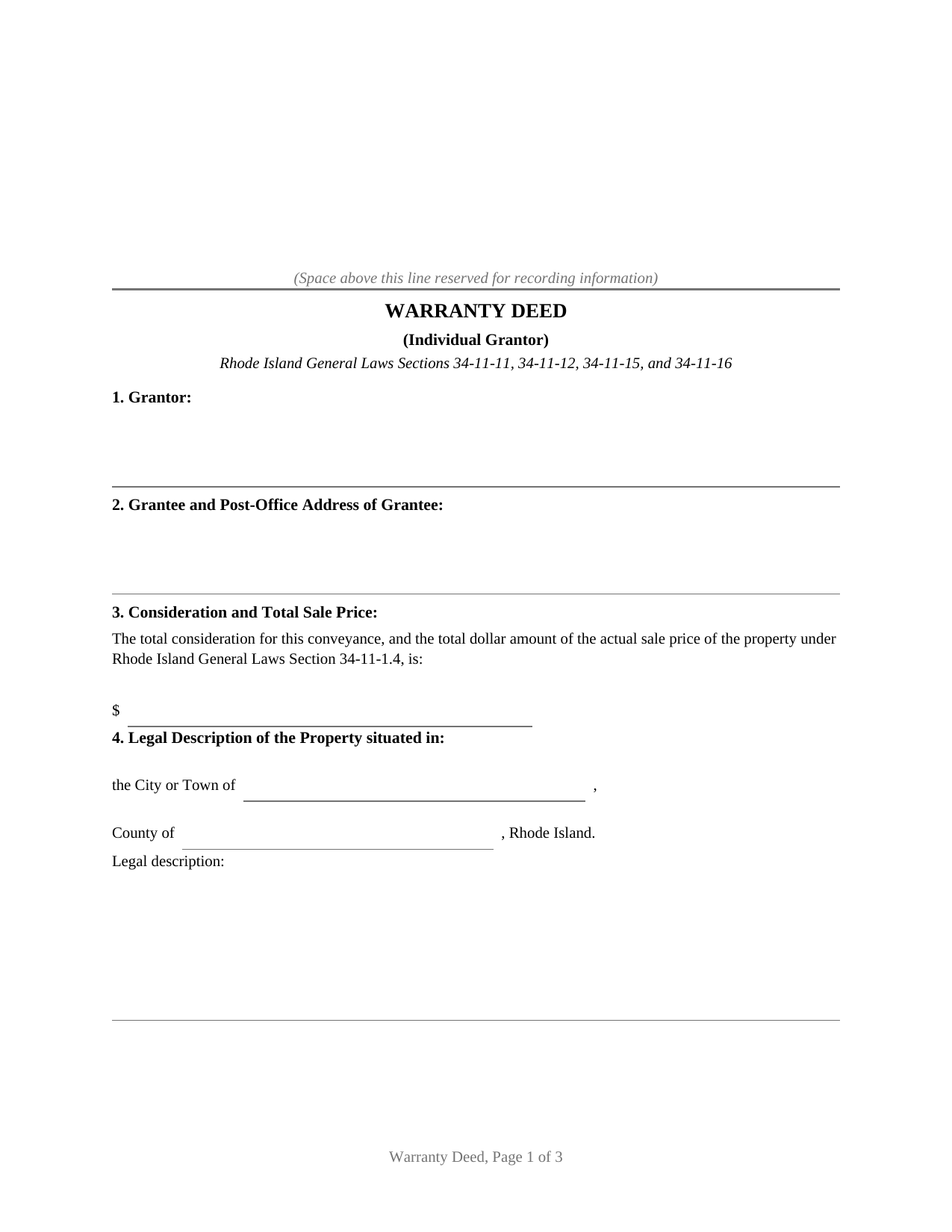 Rhode Island Warranty Deed (Individual Grantor)