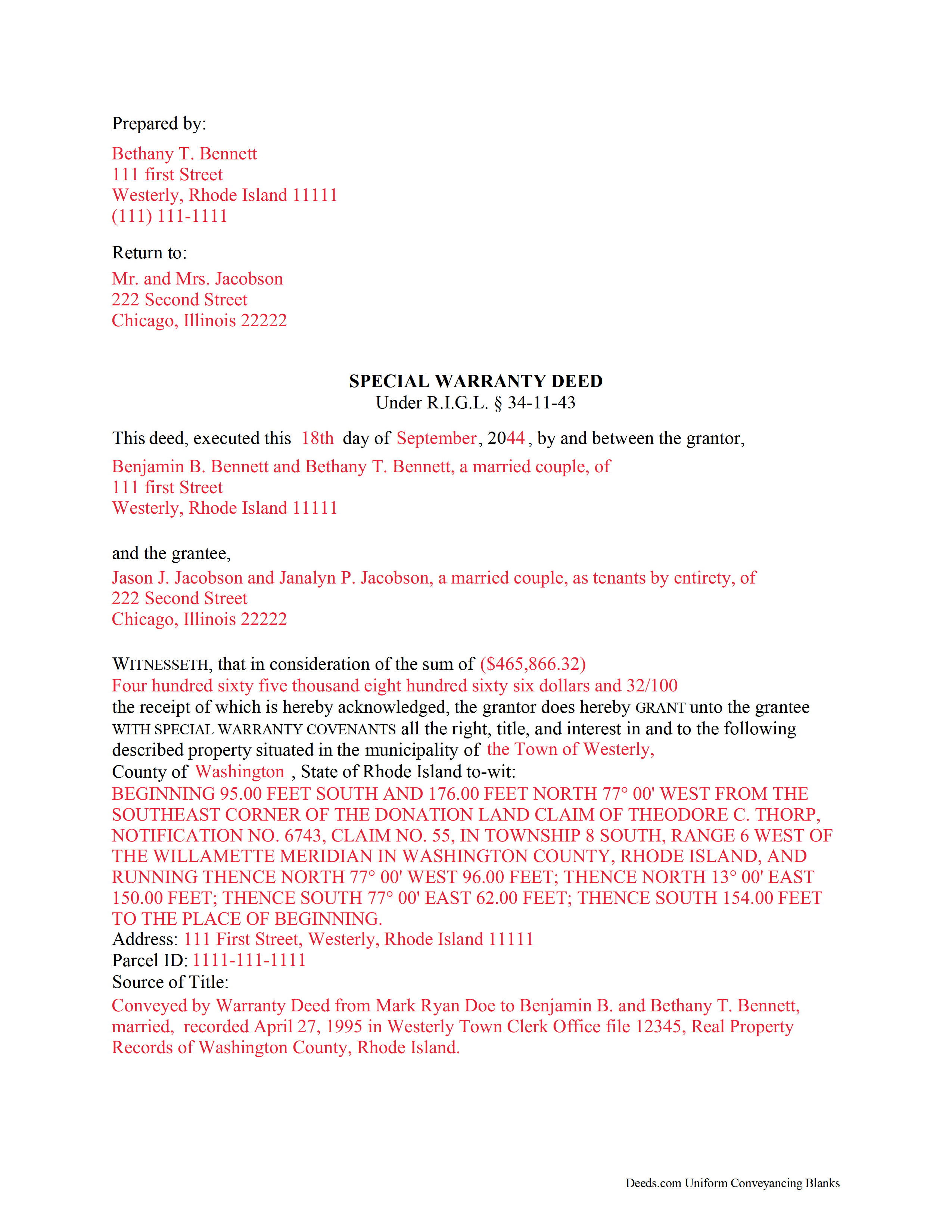Bristol County Completed Example of the Special Warranty Deed Document