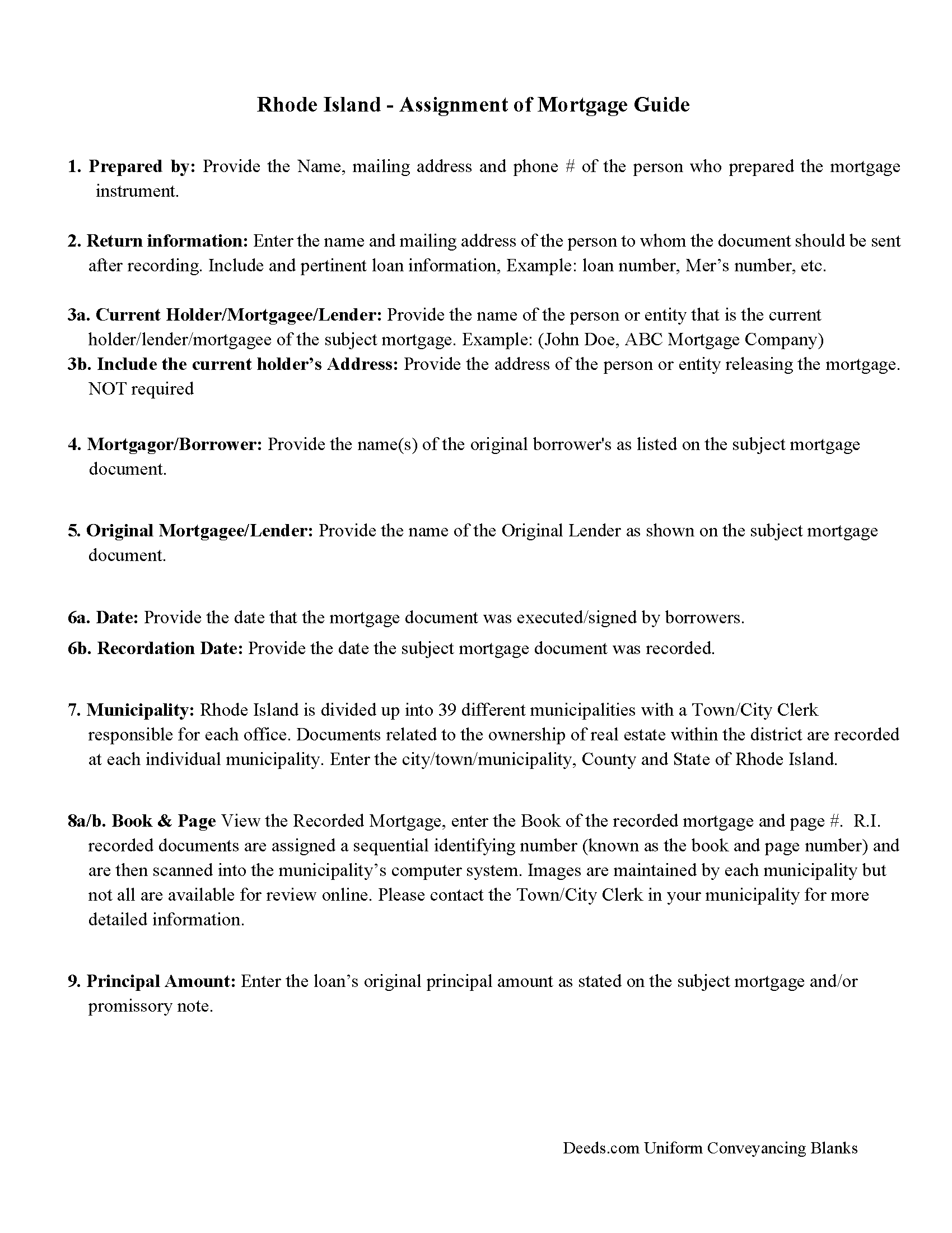 Providence County Assignment of Mortgage Guidelines