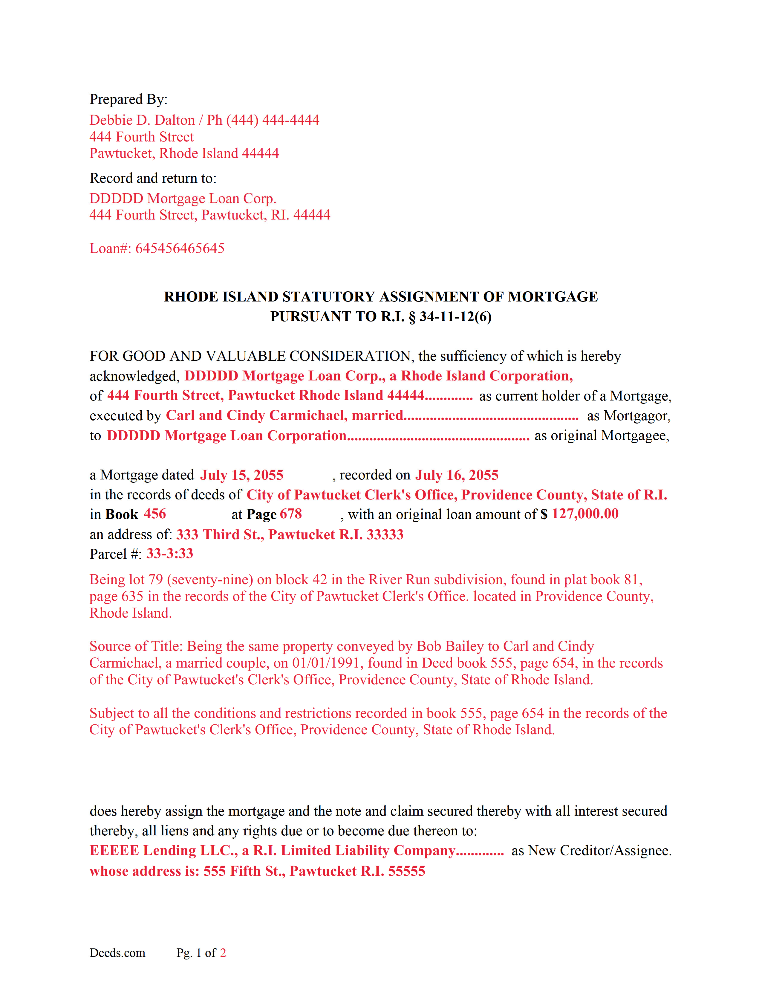 Providence County Completed Example of Assignment of Mortgage Document