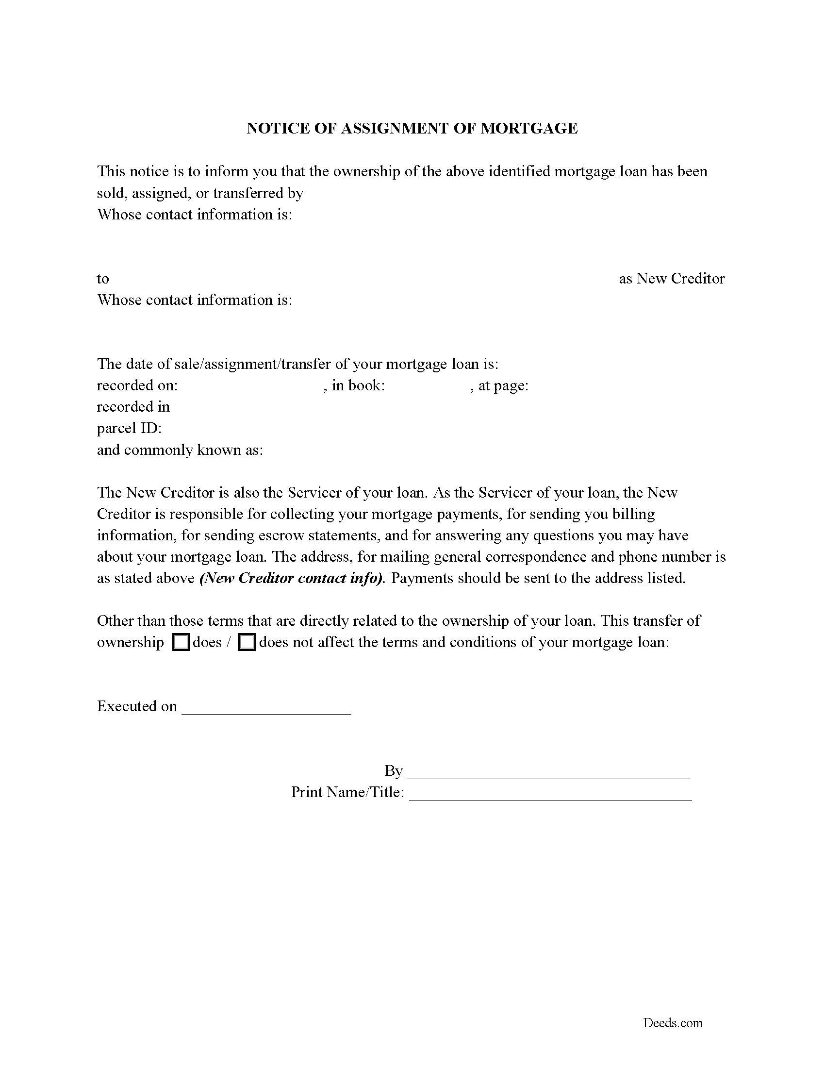 Notice of Assignment of Mortgage Form