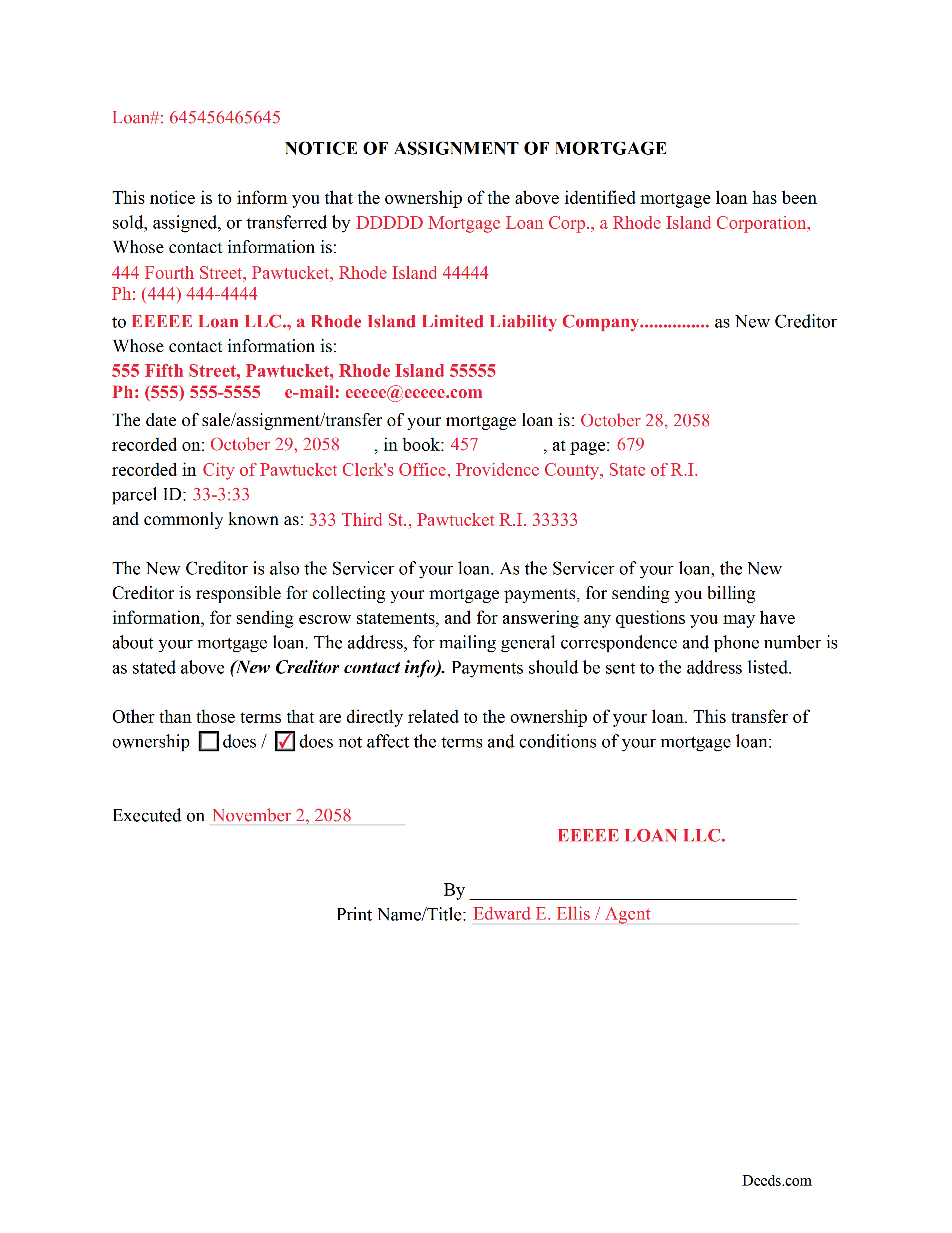 Providence County Completed Example of Notice of Assignment Document