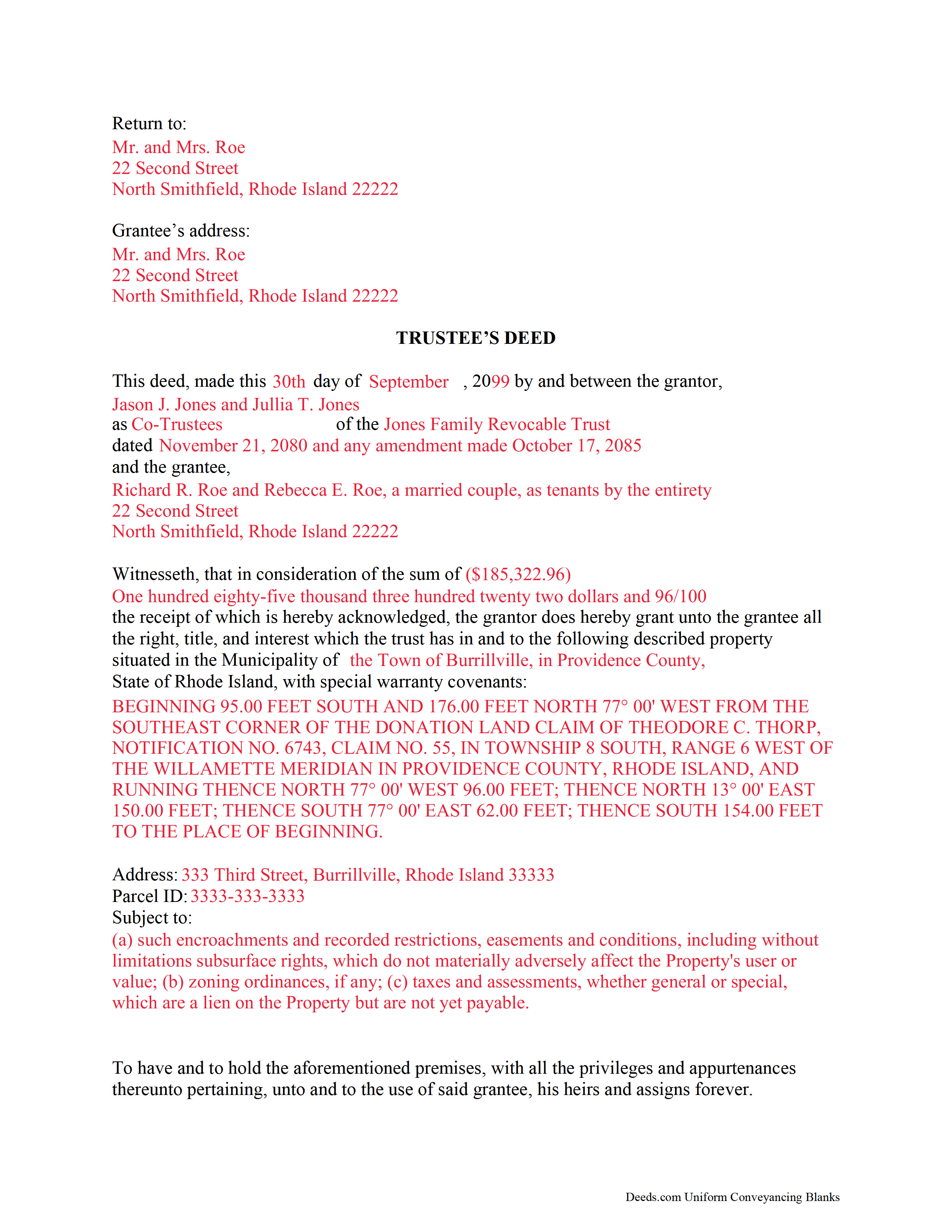 Completed Example of the Trustee Deed Document