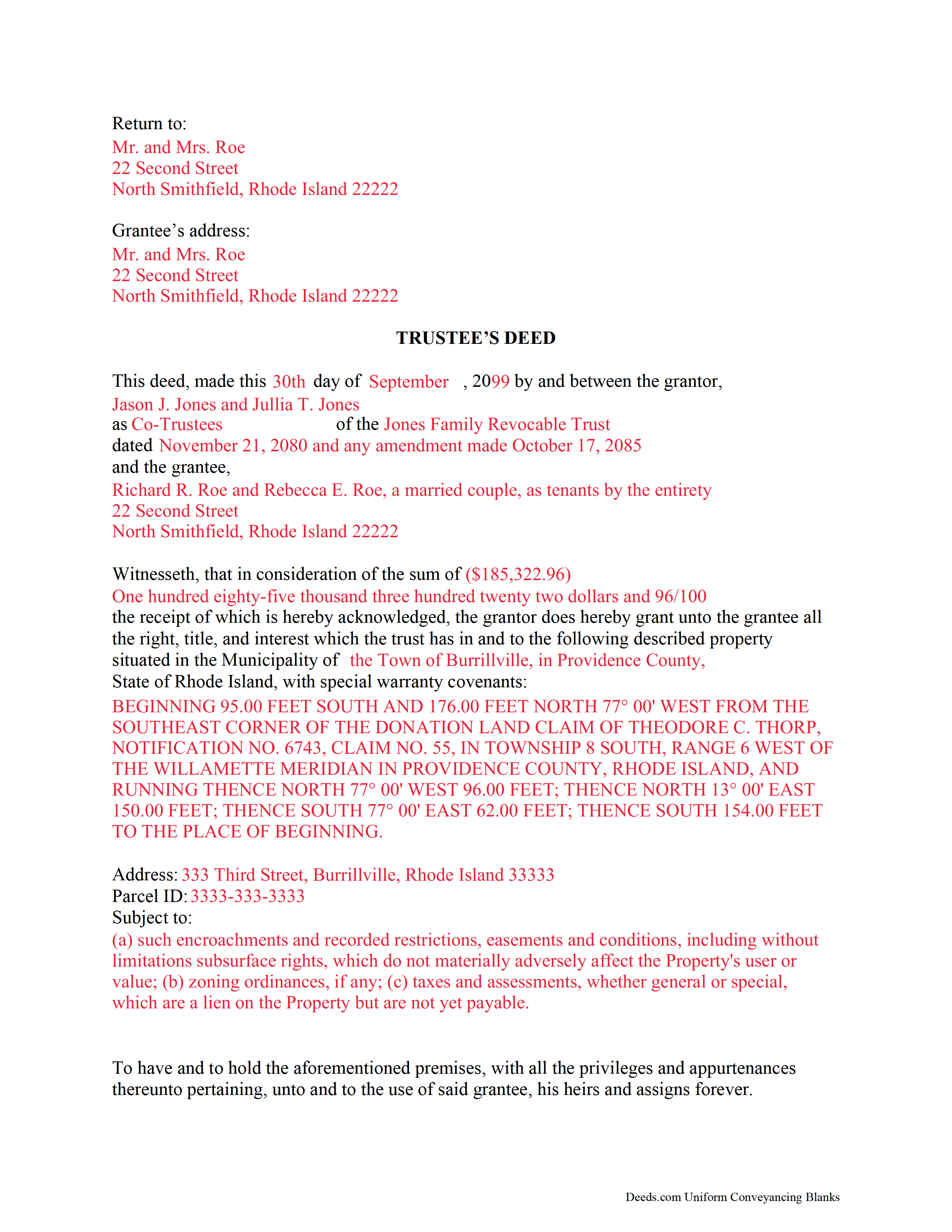 Bristol County Completed Example of the Trustee Deed Document