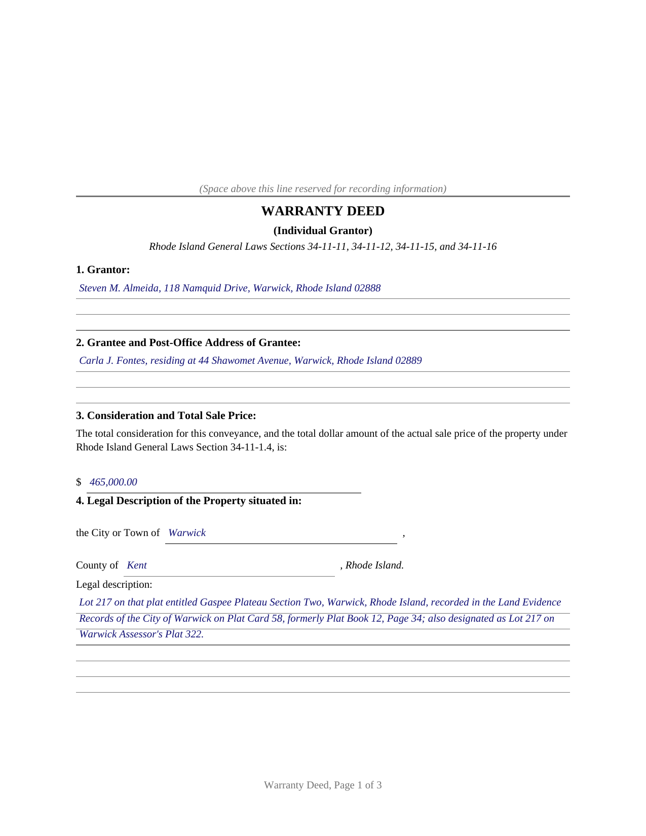Newport County Completed Example of the Warranty Deed (Individual Grantor) Document
