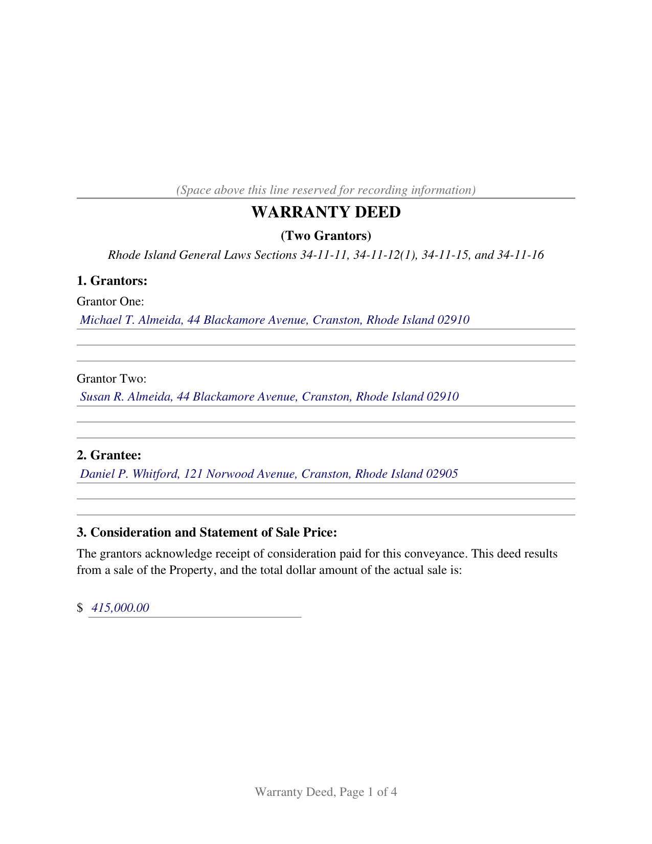 Newport County Completed Example of the Warranty Deed (Two Grantors) Document