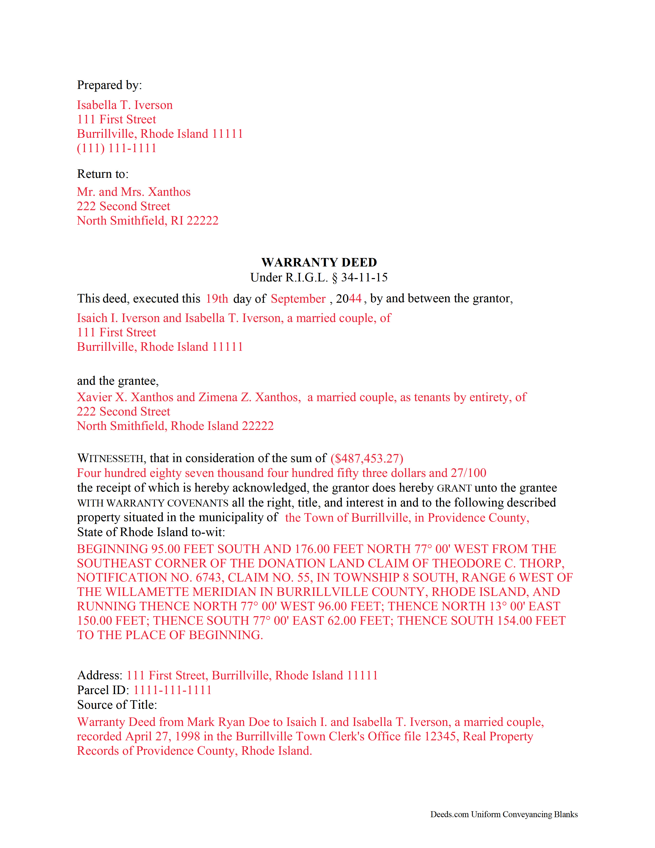 Completed Example of the Warranty Deed Document