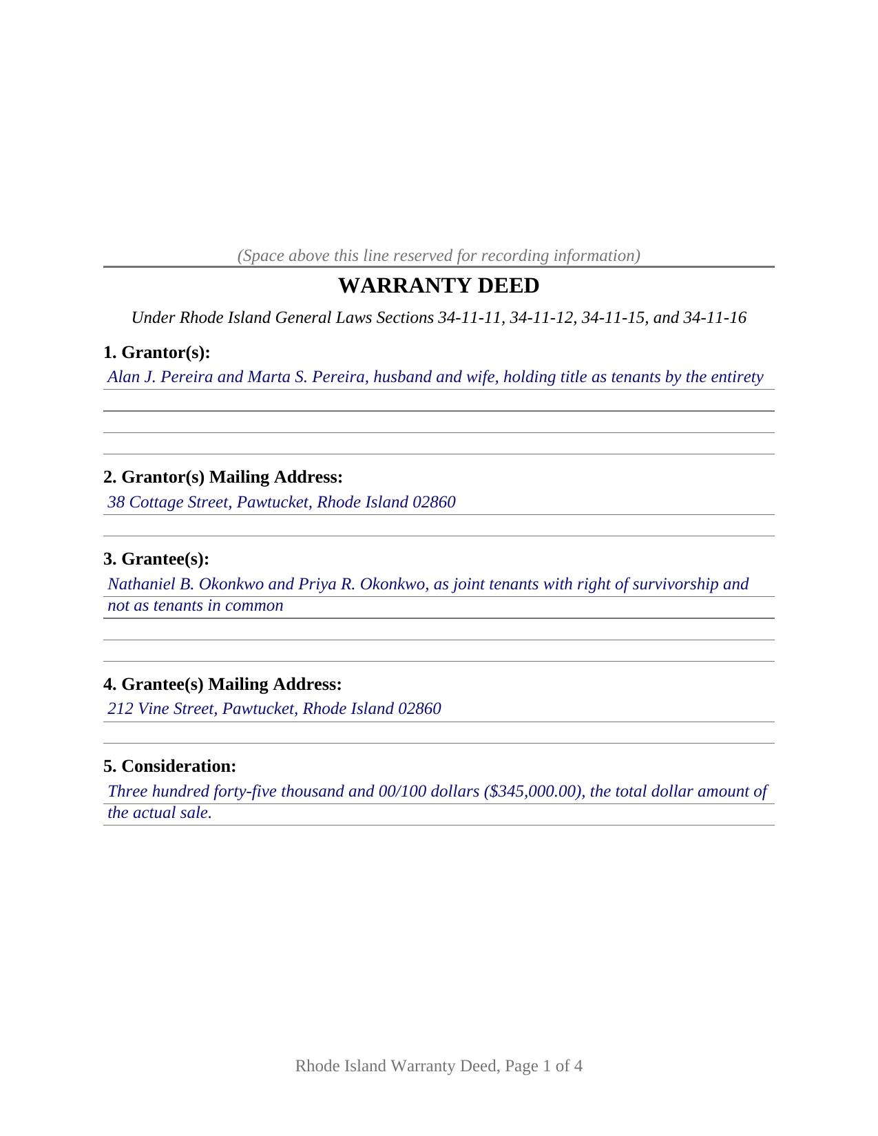 Providence County Completed Example of the Warranty Deed Document