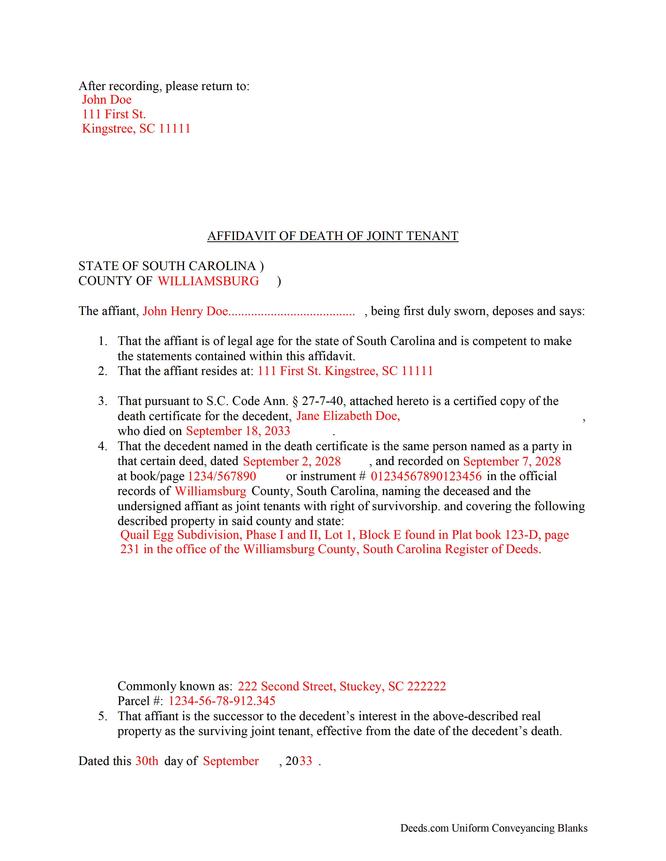 Completed Example of the Affidavit of Deceased Joint Tenant Document