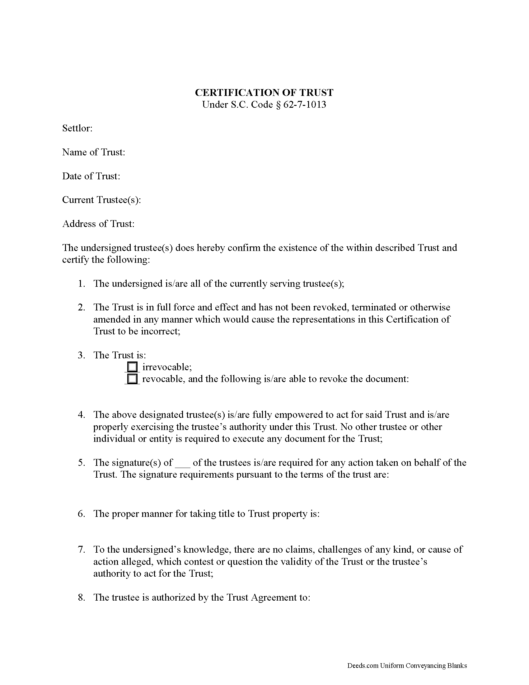 Barnwell County Certificate of Trust Form