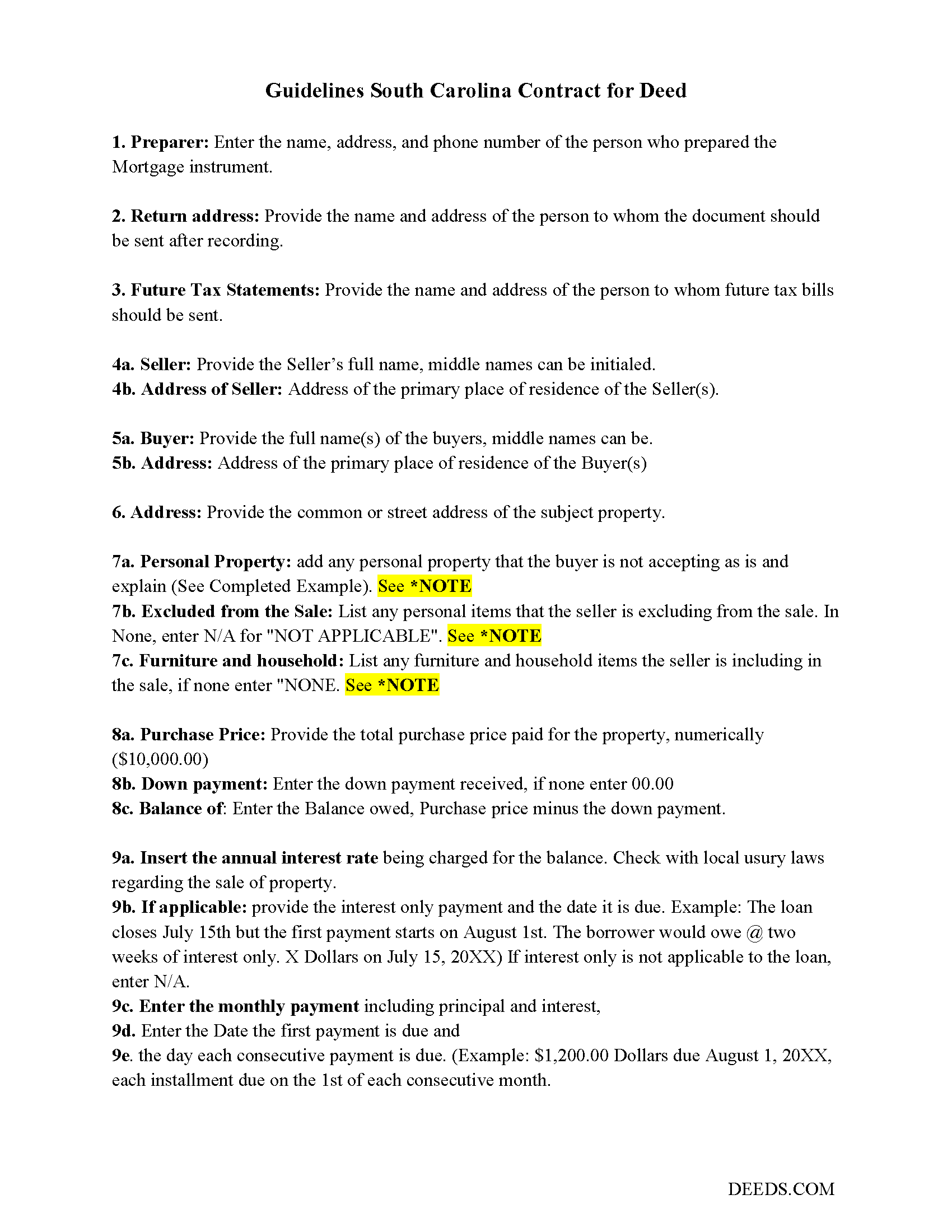 Williamsburg County Contract for Deed Form South Carolina