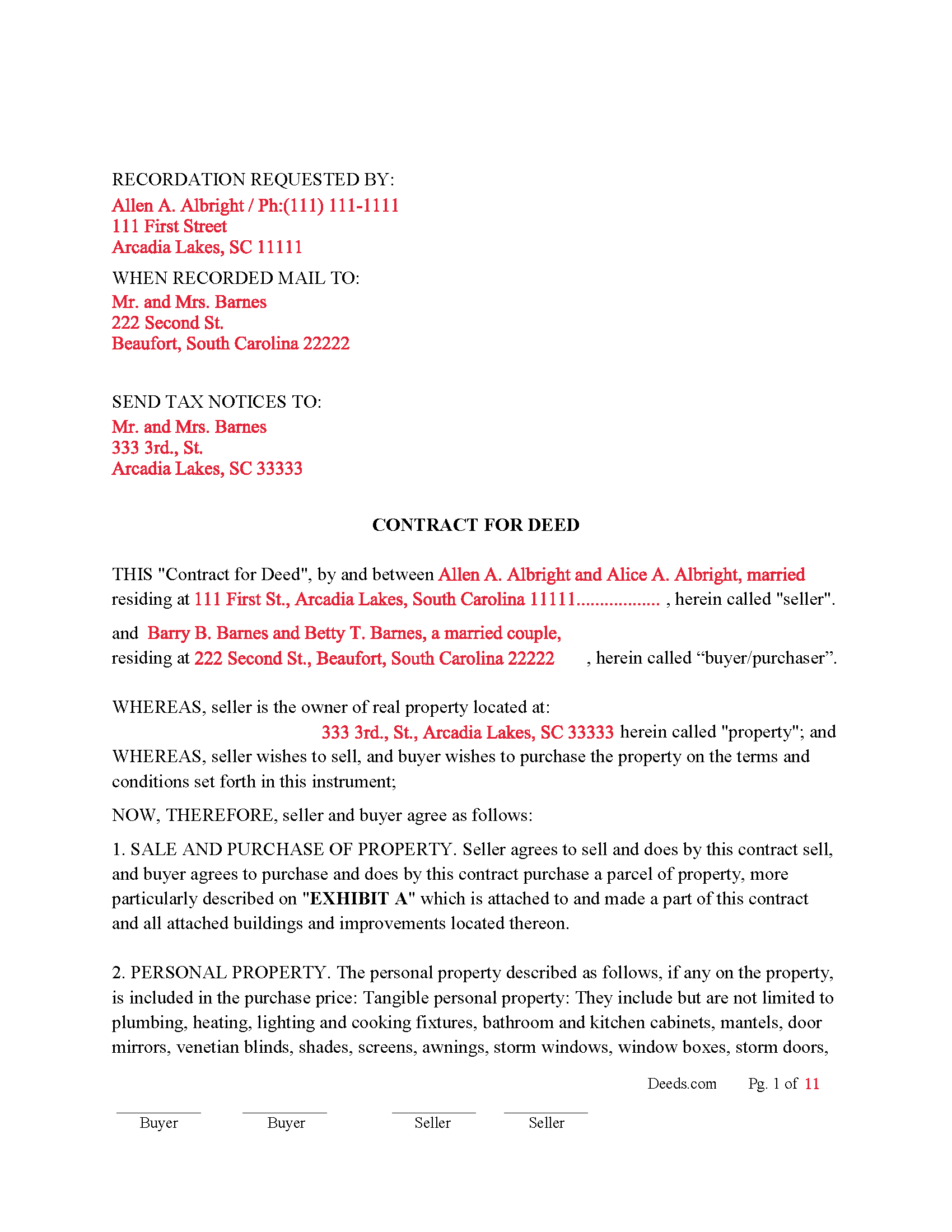 Cherokee County Completed Example of the Contract for Deed Document