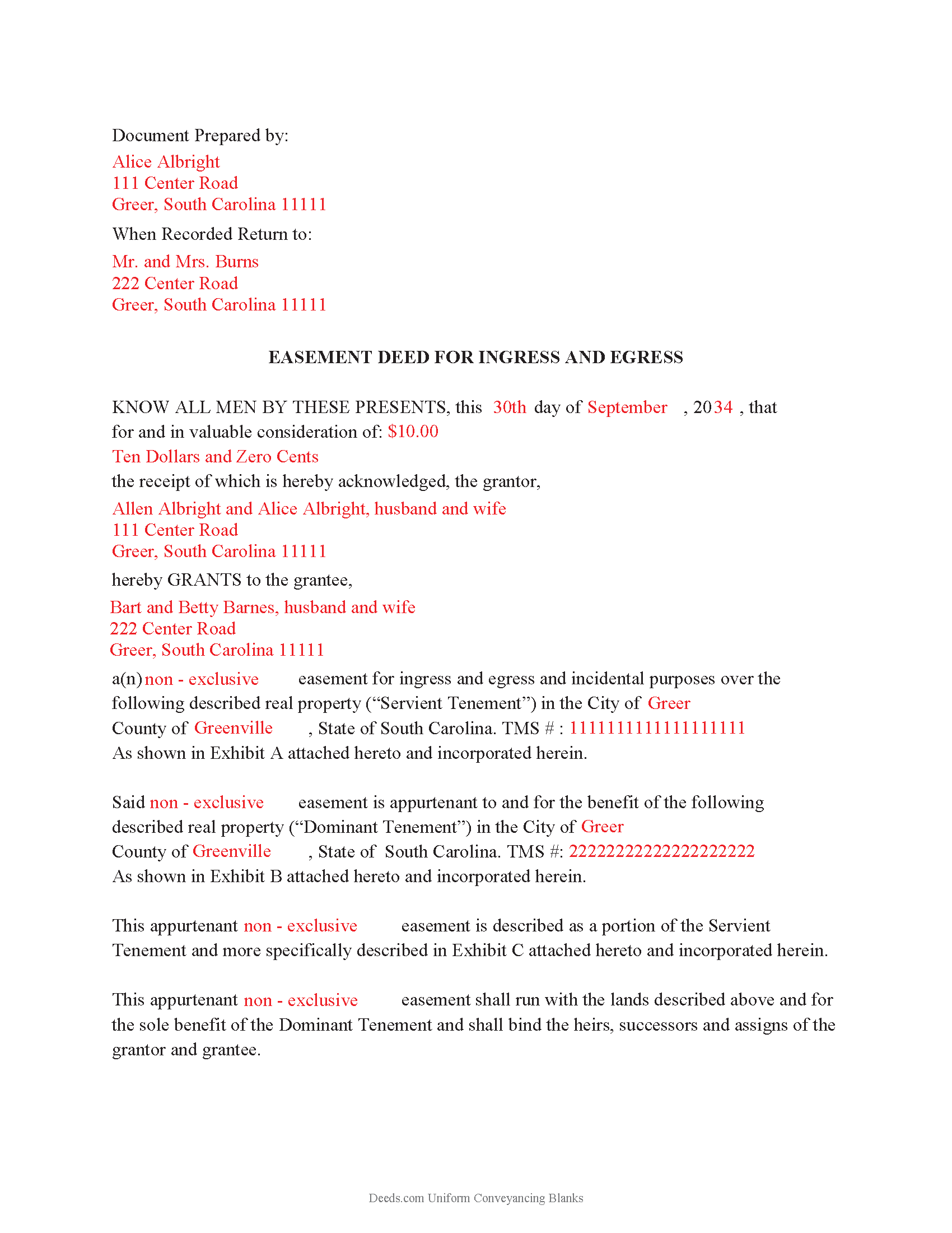 Sumter County Completed Example of the Easement Deed Document