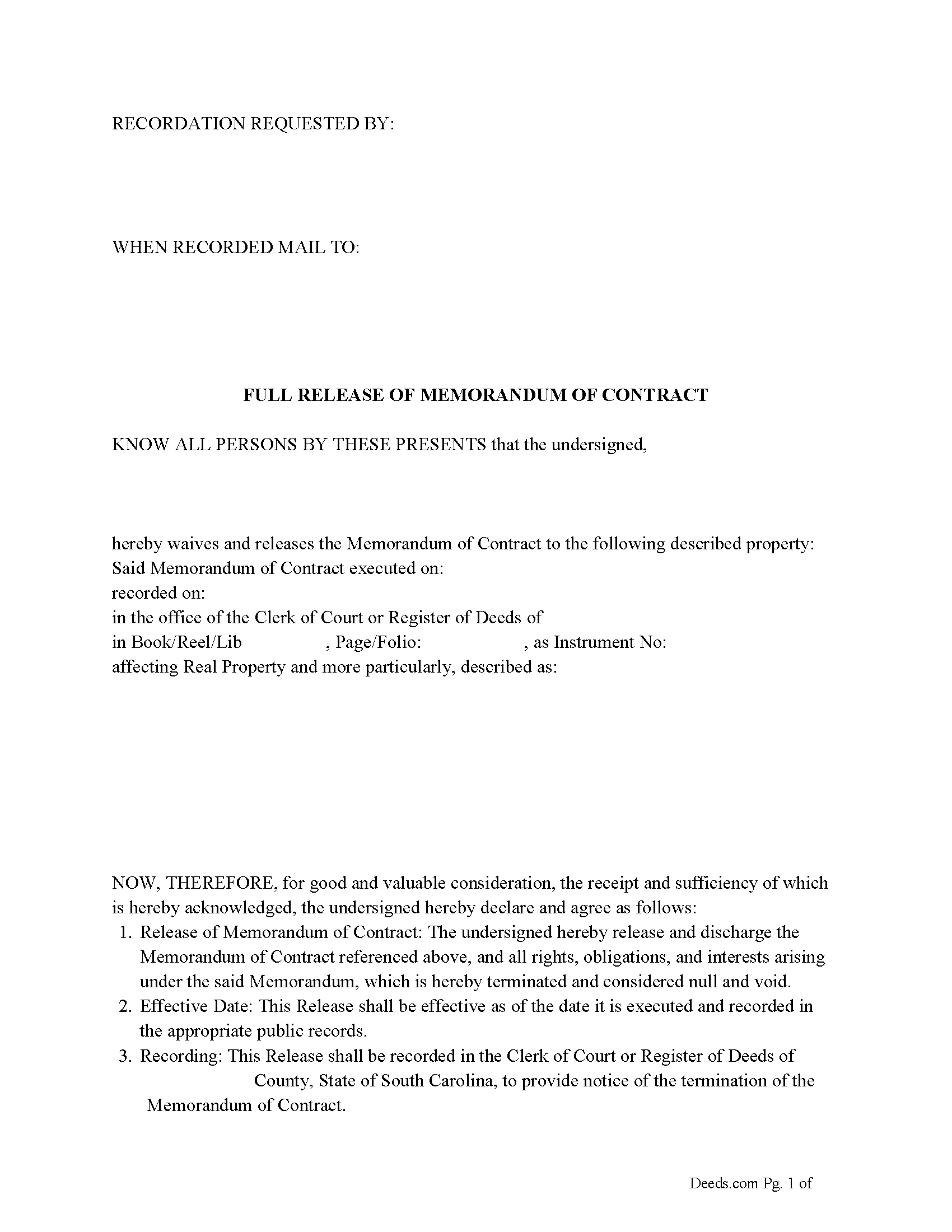Sumter County Full Release of Memorandum of Contract Form