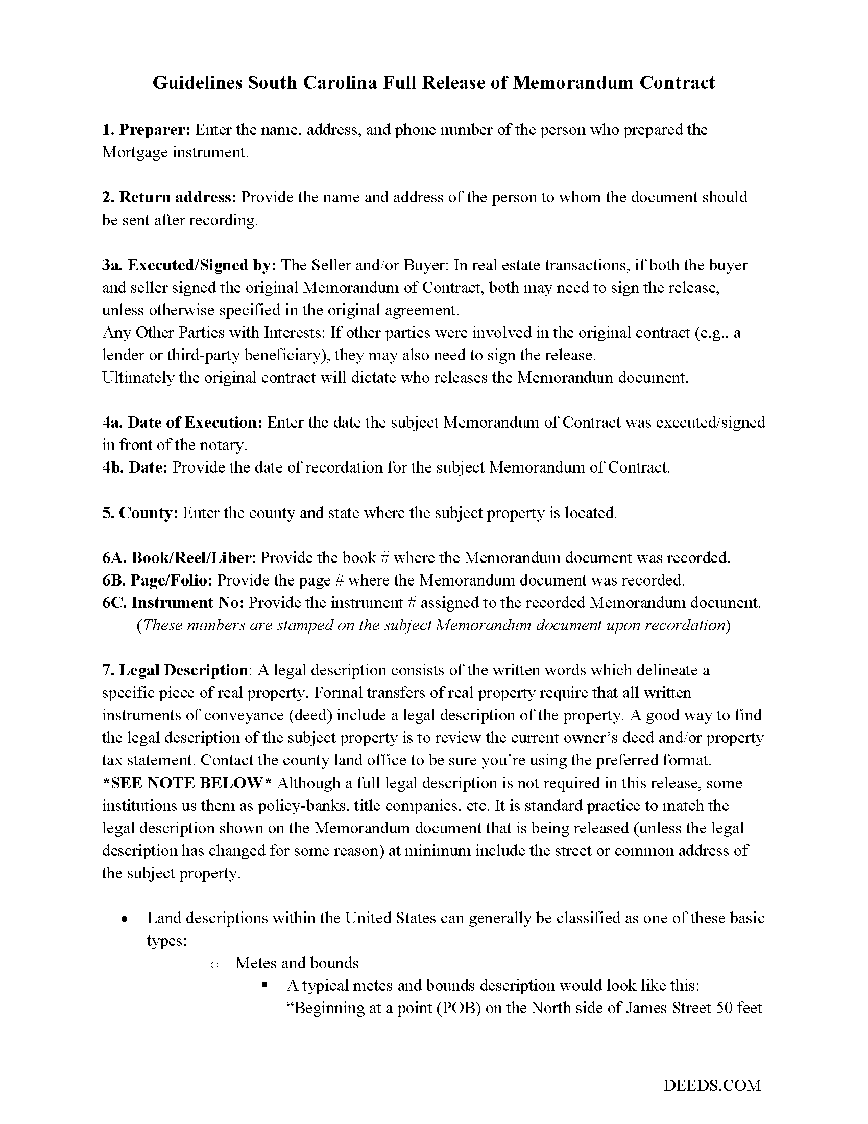 Sumter County Full Release of Memorandum of Contract Guide