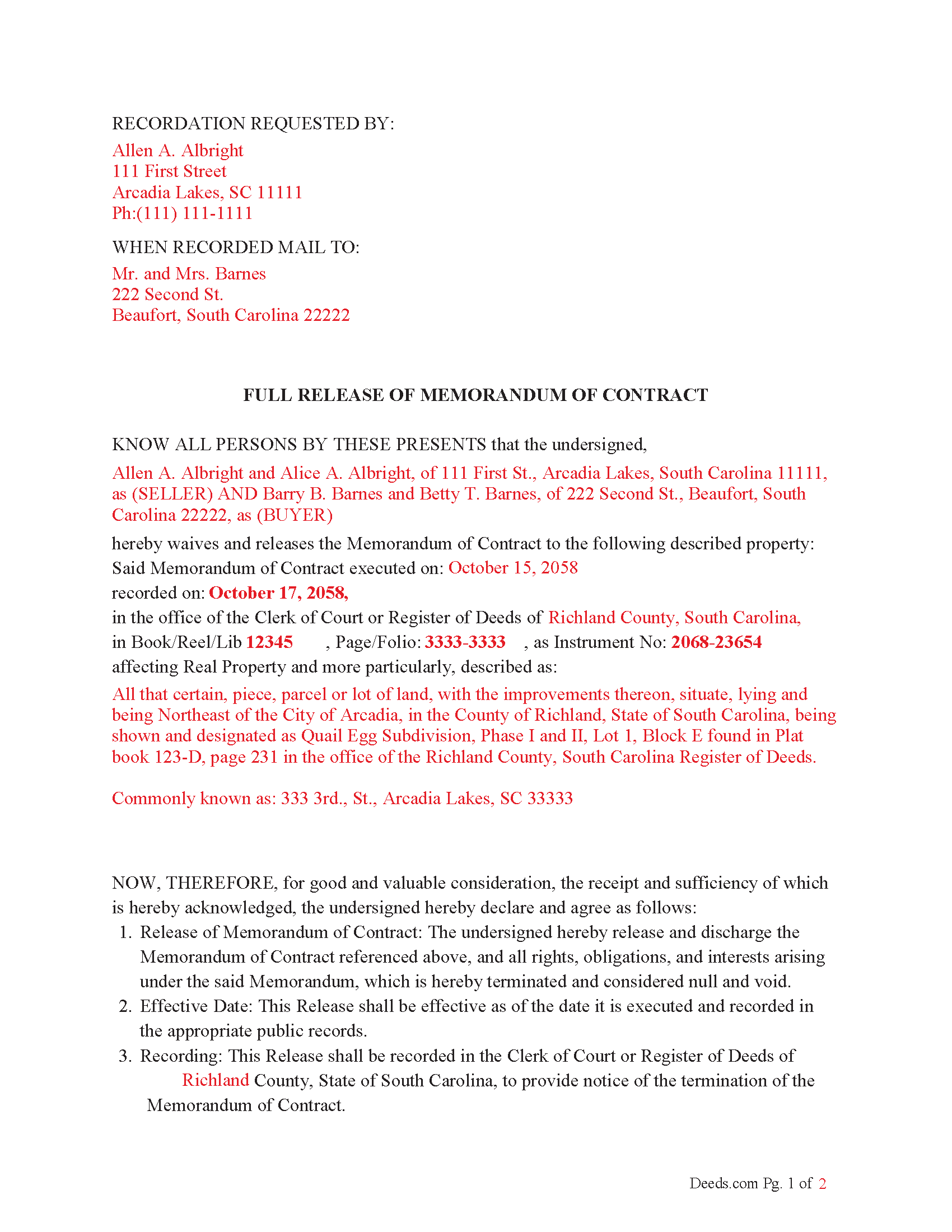 Sumter County Completed Example of the Full Release of Memorandum of Contract Document
