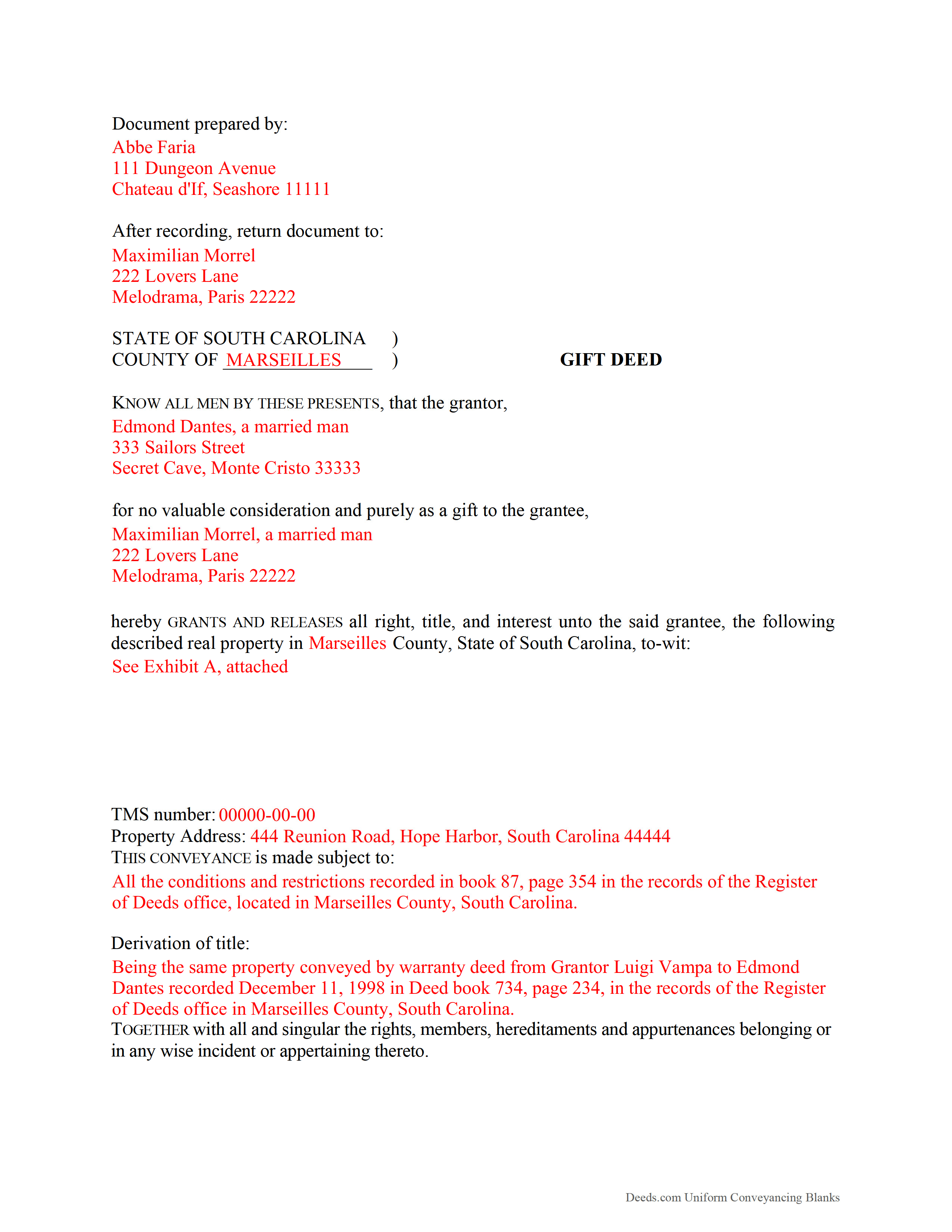 Aiken County Completed Example of the Gift Deed Document