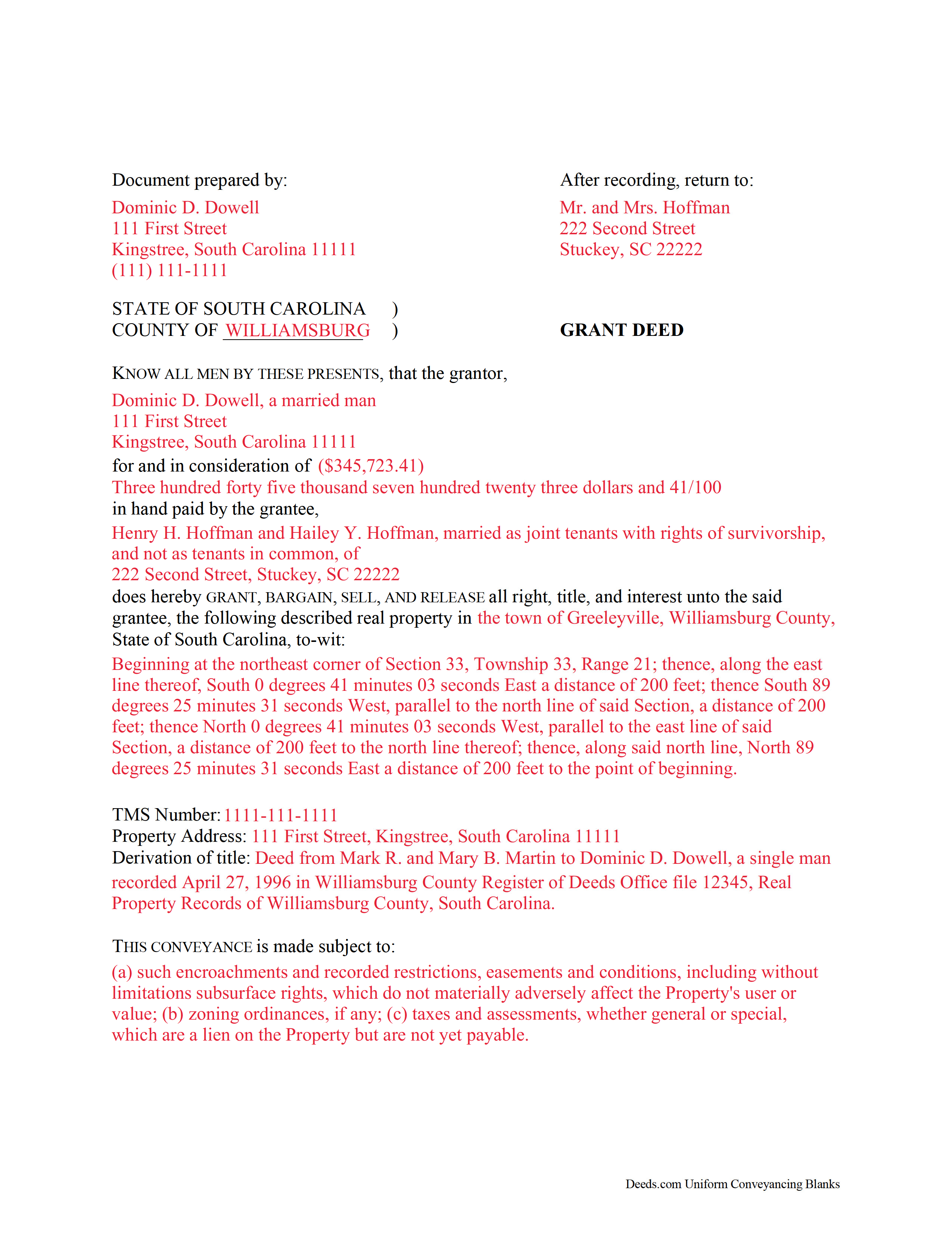 Mccormick County Completed Example of the Grant Deed Document
