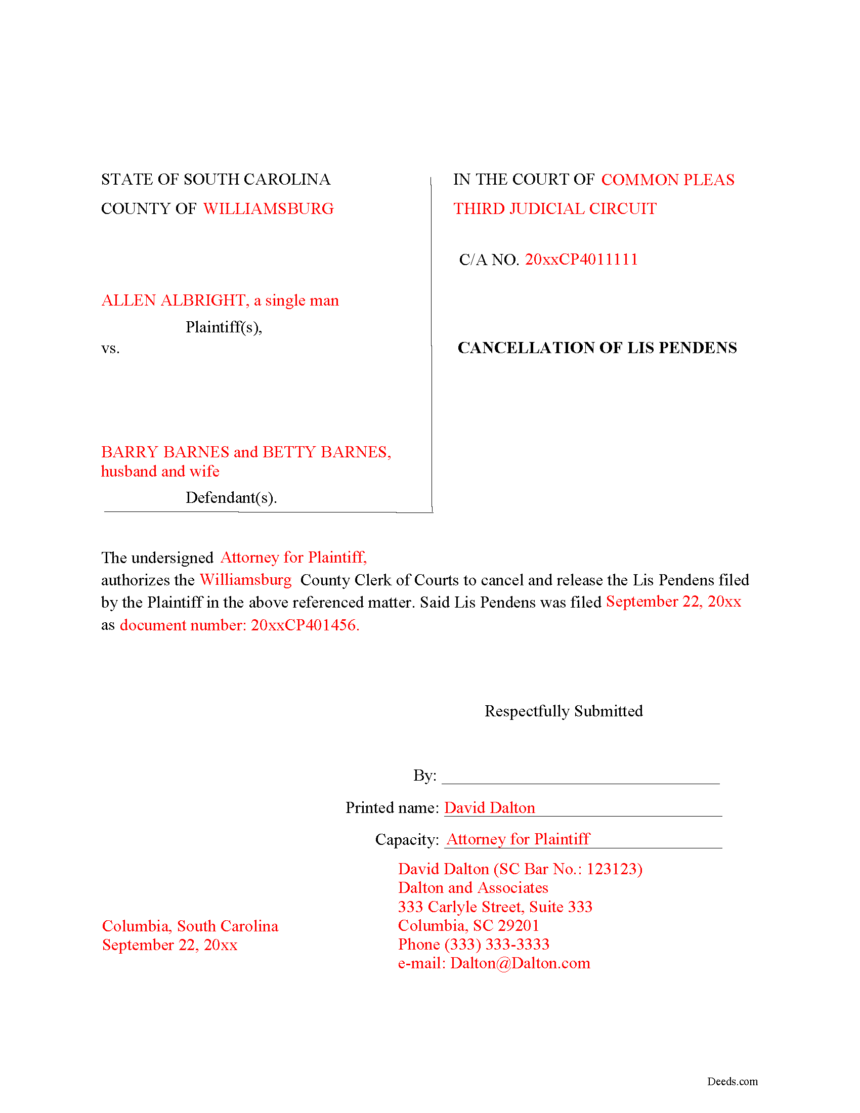 Orangeburg County Completed Example of the Lien Release Document