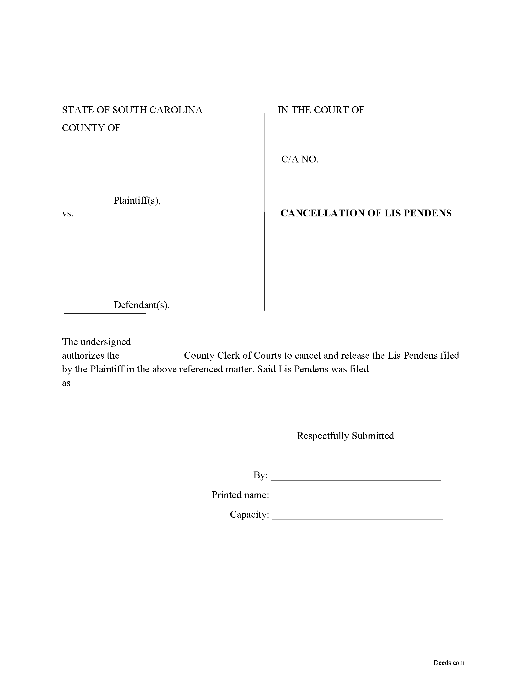 Orangeburg County Lis Pendens Release Form