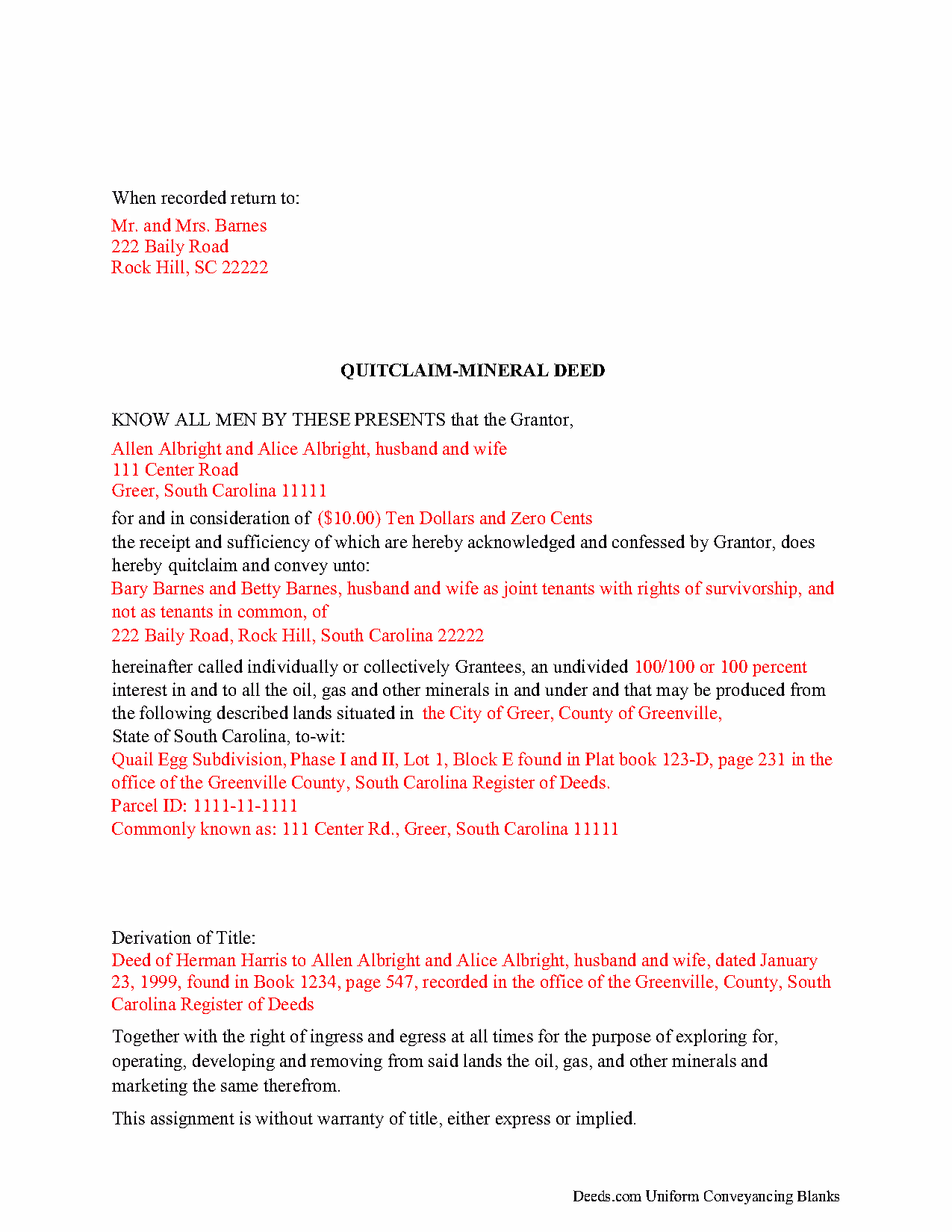 Barnwell County Completed Example of the Mineral Deed with Quitclaim Covenants Document