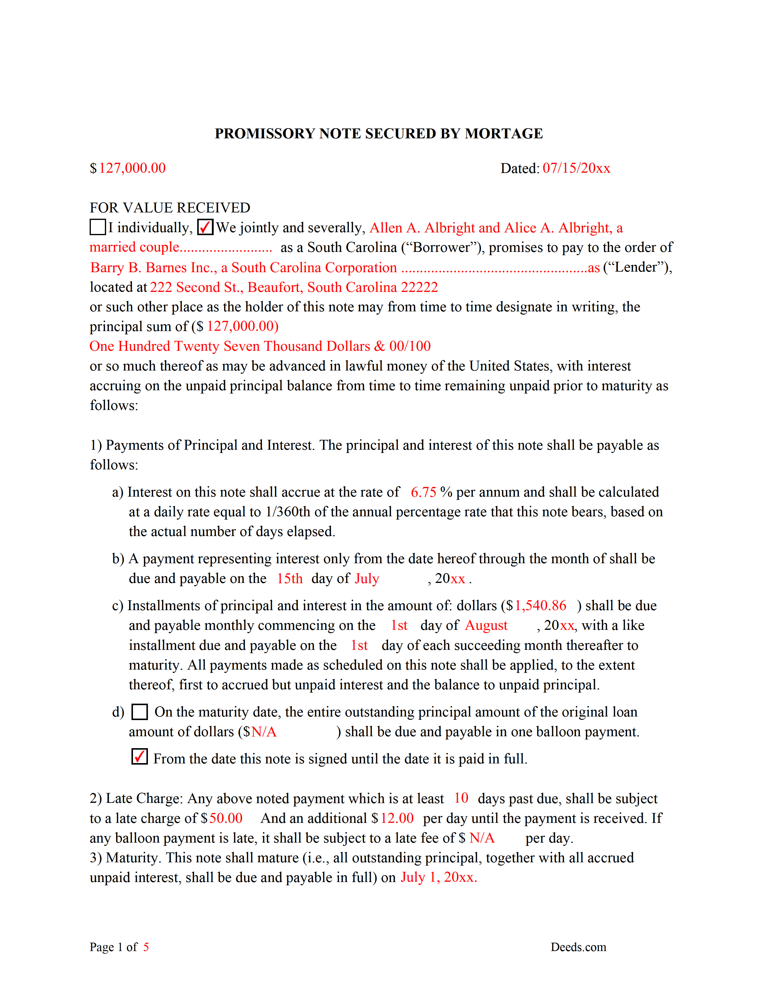 Richland County Completed Example of the Promissory Note Document