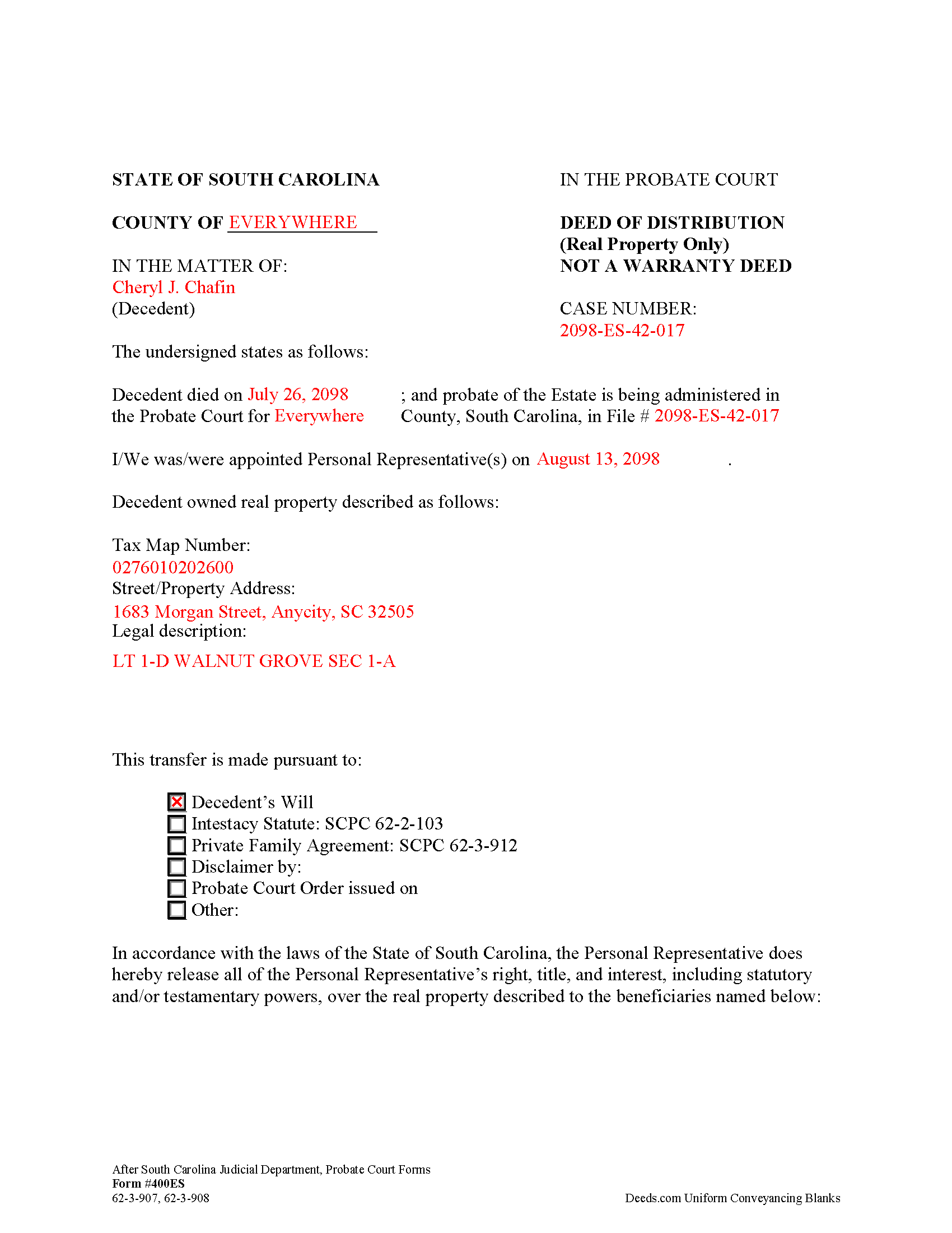 Completed Example of the Personal Representative Deed of Distribution Form