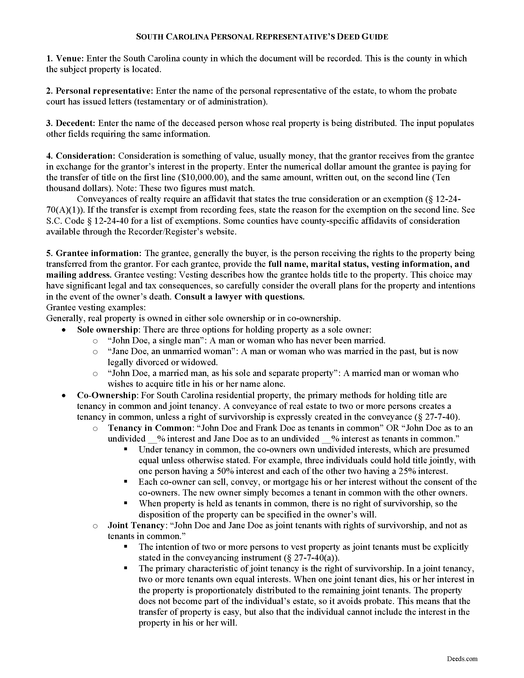 Spartanburg County Personal Representative Deed of Sale Guide