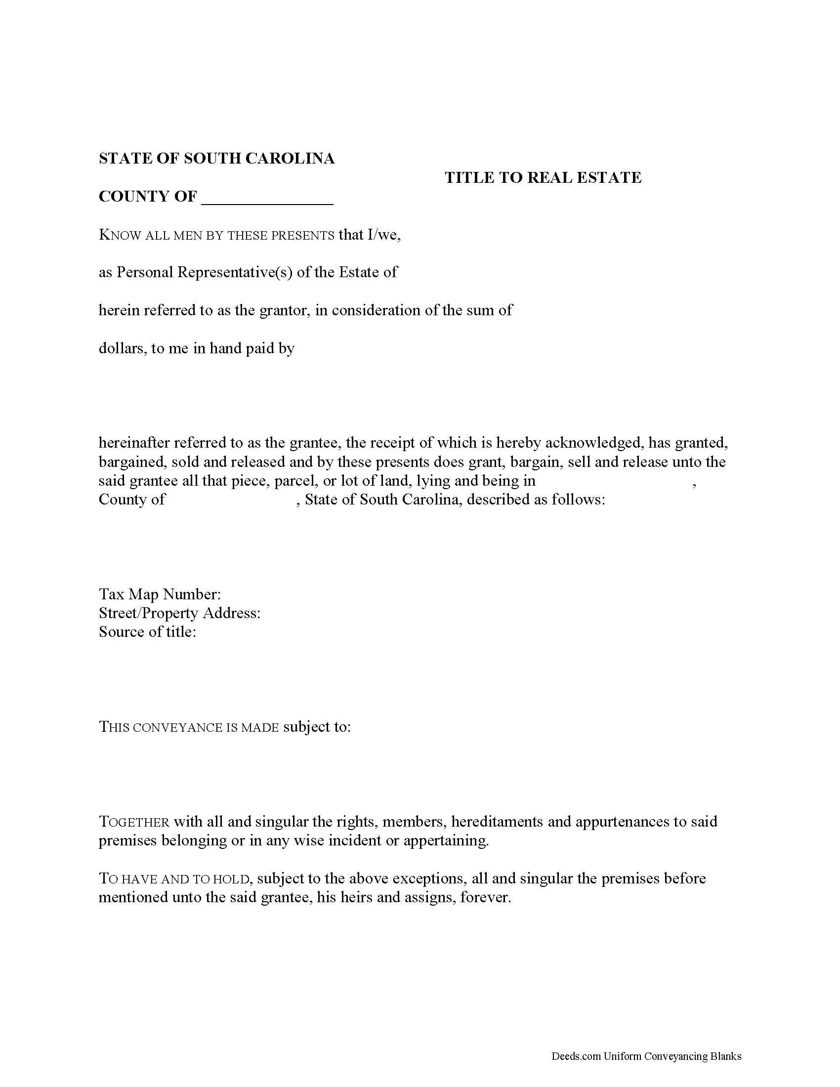Spartanburg County Personal Representative Deed of Sale Form