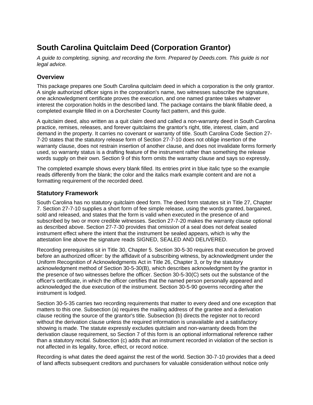 Mccormick County Quitclaim Deed (Corporation Grantor) Guide