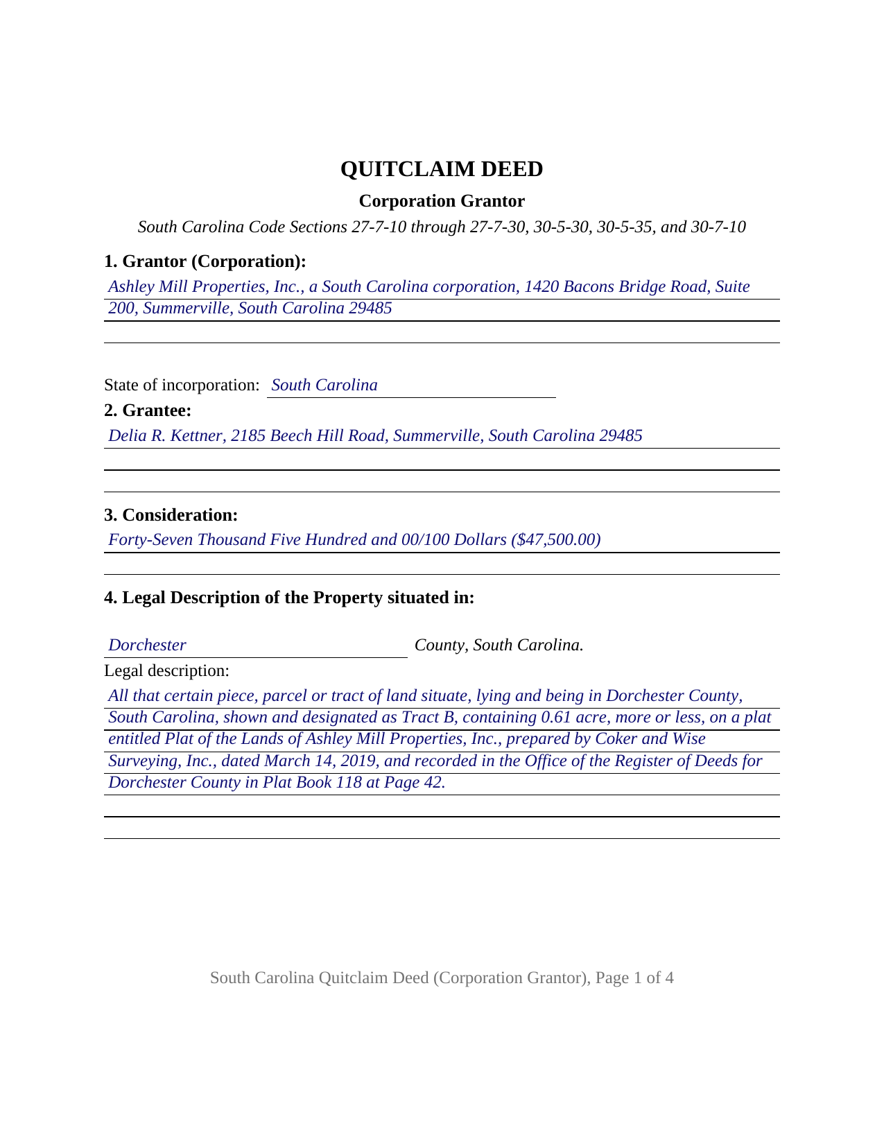Mccormick County Completed Example of the Quitclaim Deed (Corporation Grantor) Document