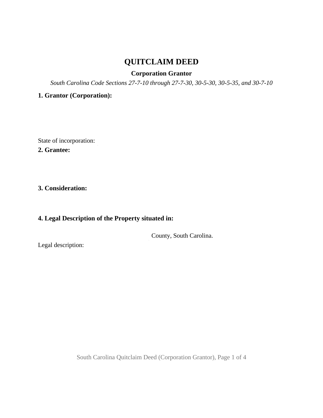 Mccormick County Quitclaim Deed (Corporation Grantor) Form