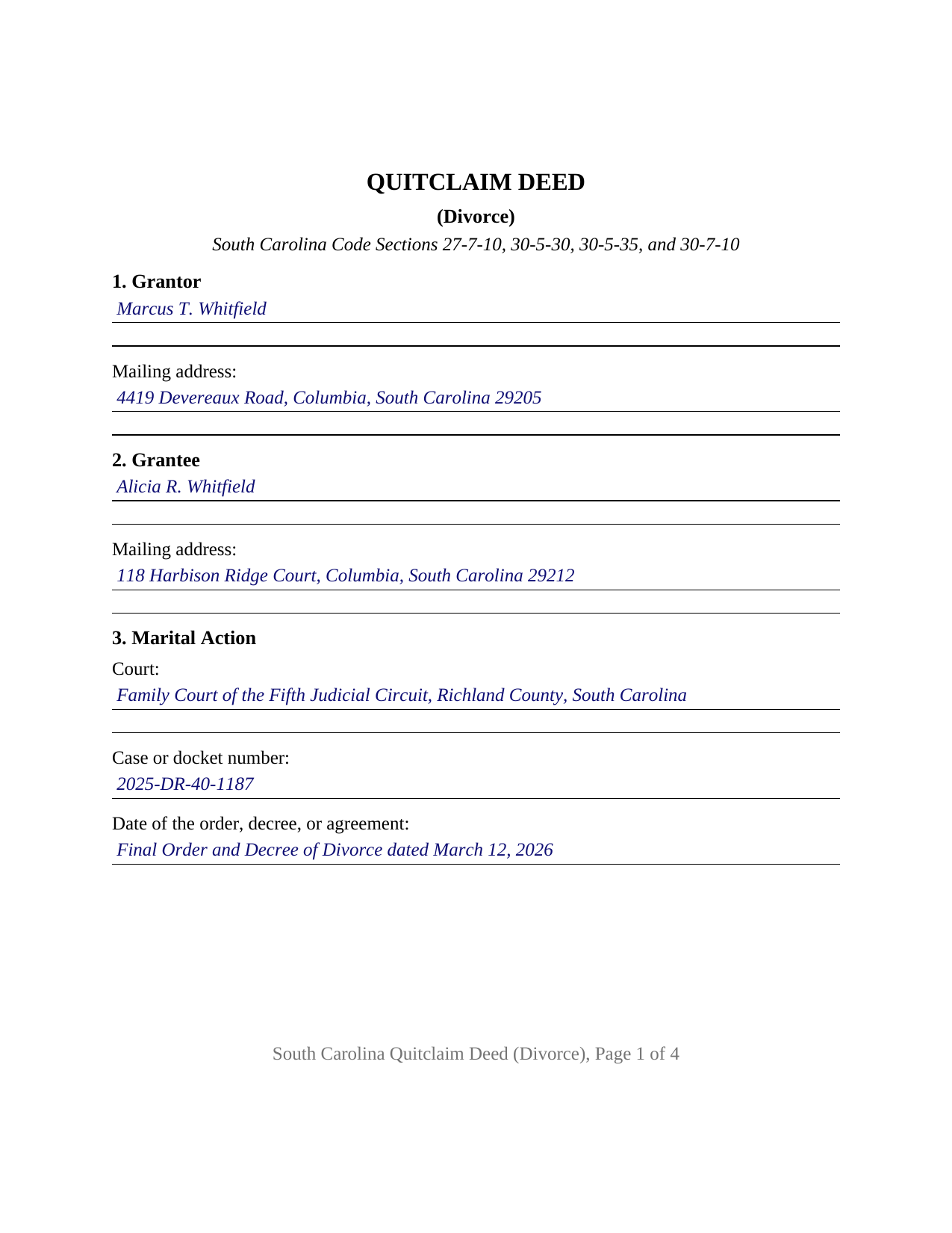 Horry County Completed Example of the Quitclaim Deed (Divorce) Document