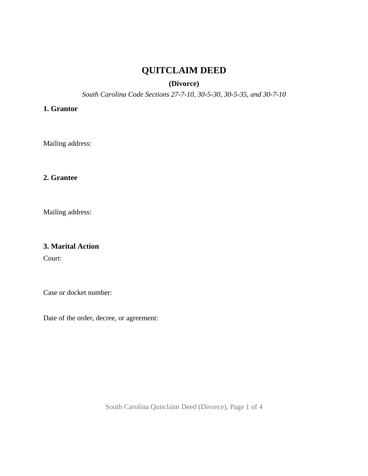 Horry County Quitclaim Deed (Divorce) Form