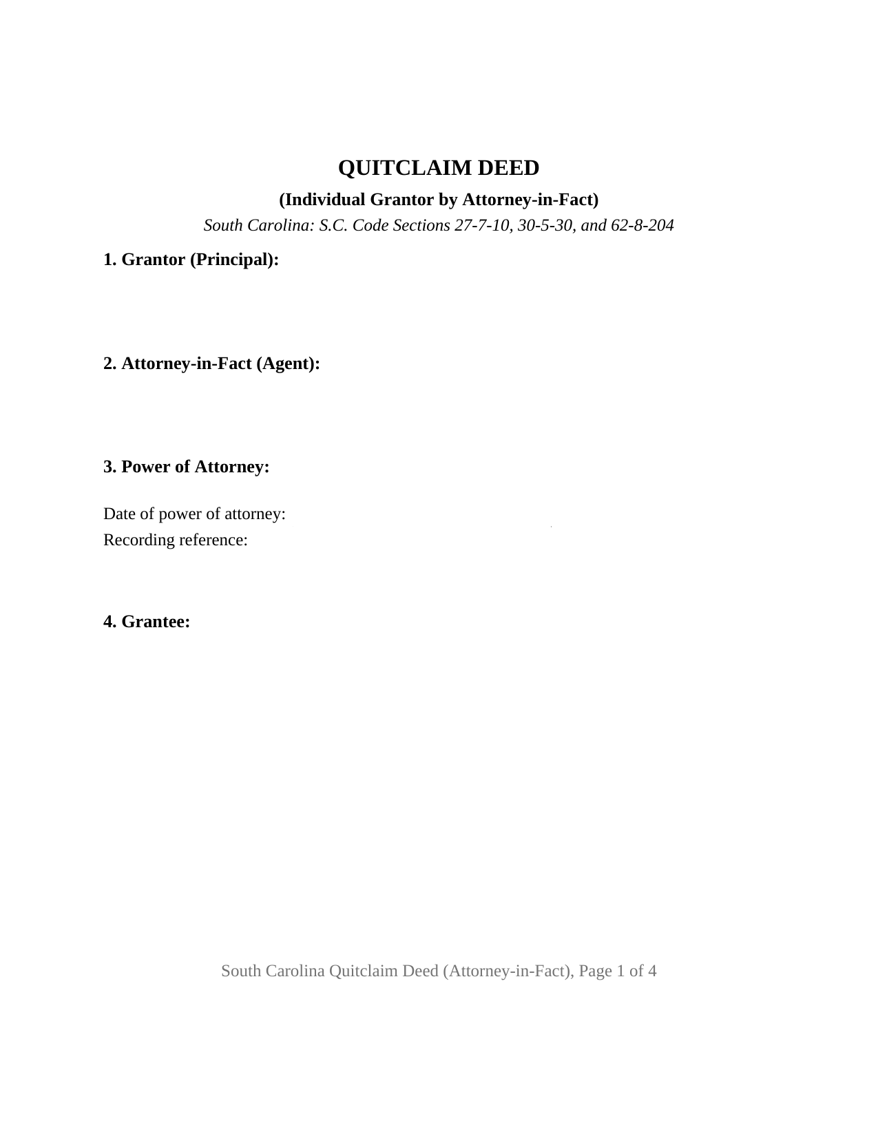 Orangeburg County Quitclaim Deed (Individual Grantor by Attorney-in-Fact) Form